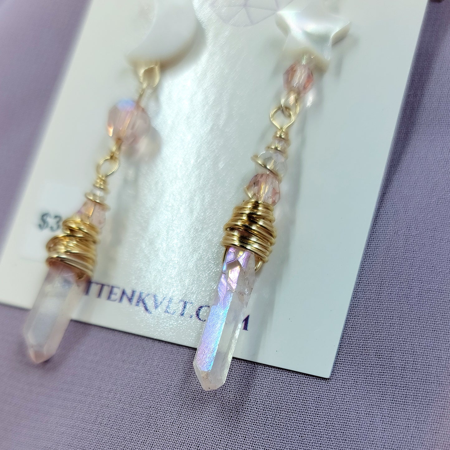 Pink Aura Quartz Celestial Shell Earrings
