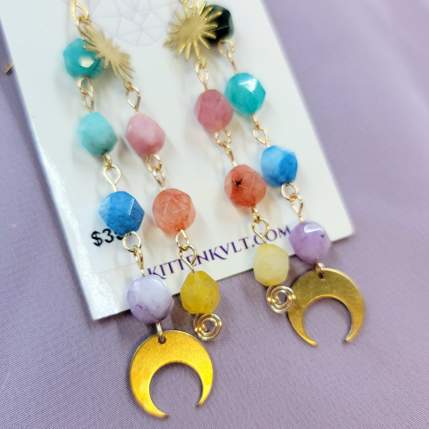 Celestial Rainbow Quartz Moon Star Earrings