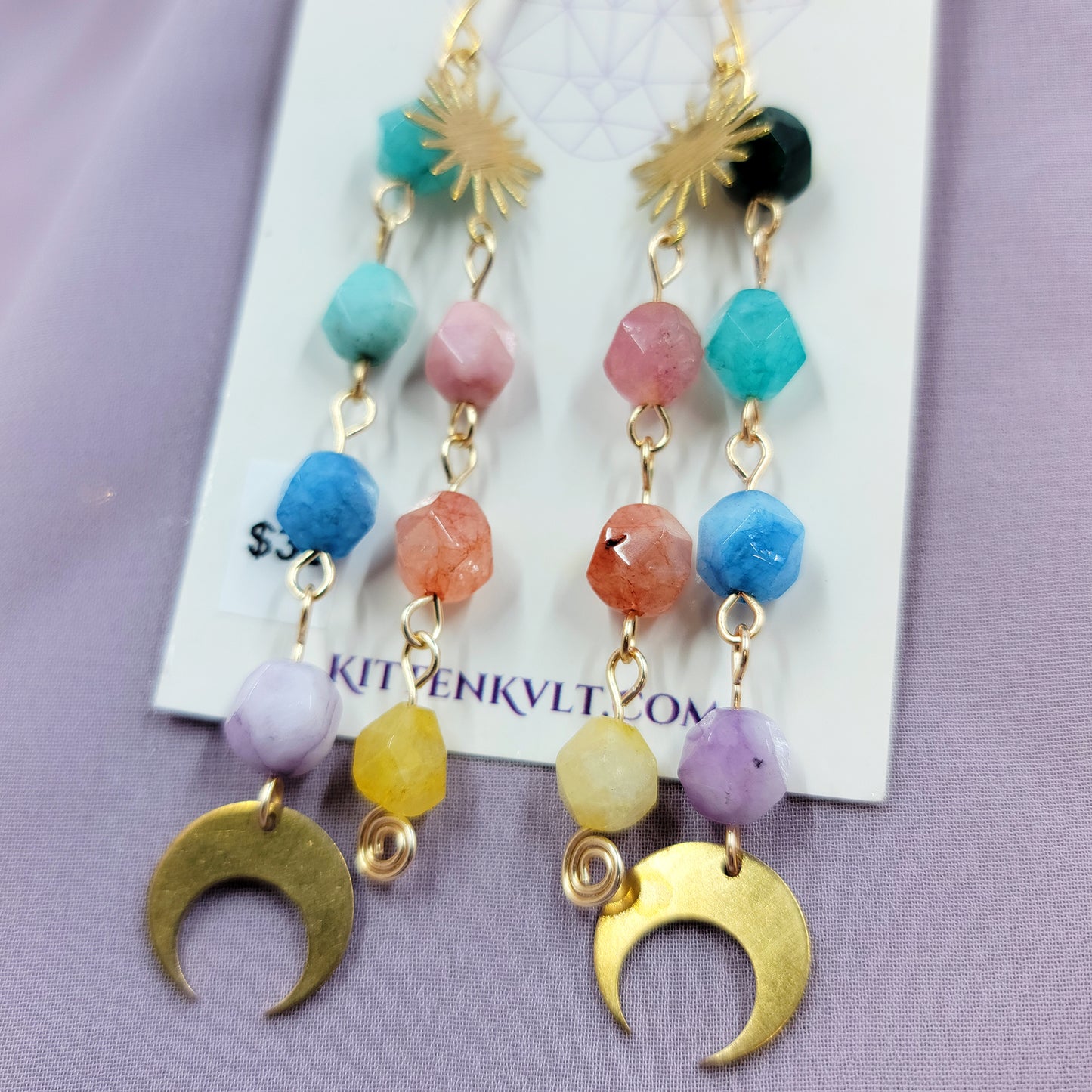 Celestial Rainbow Quartz Moon Star Earrings