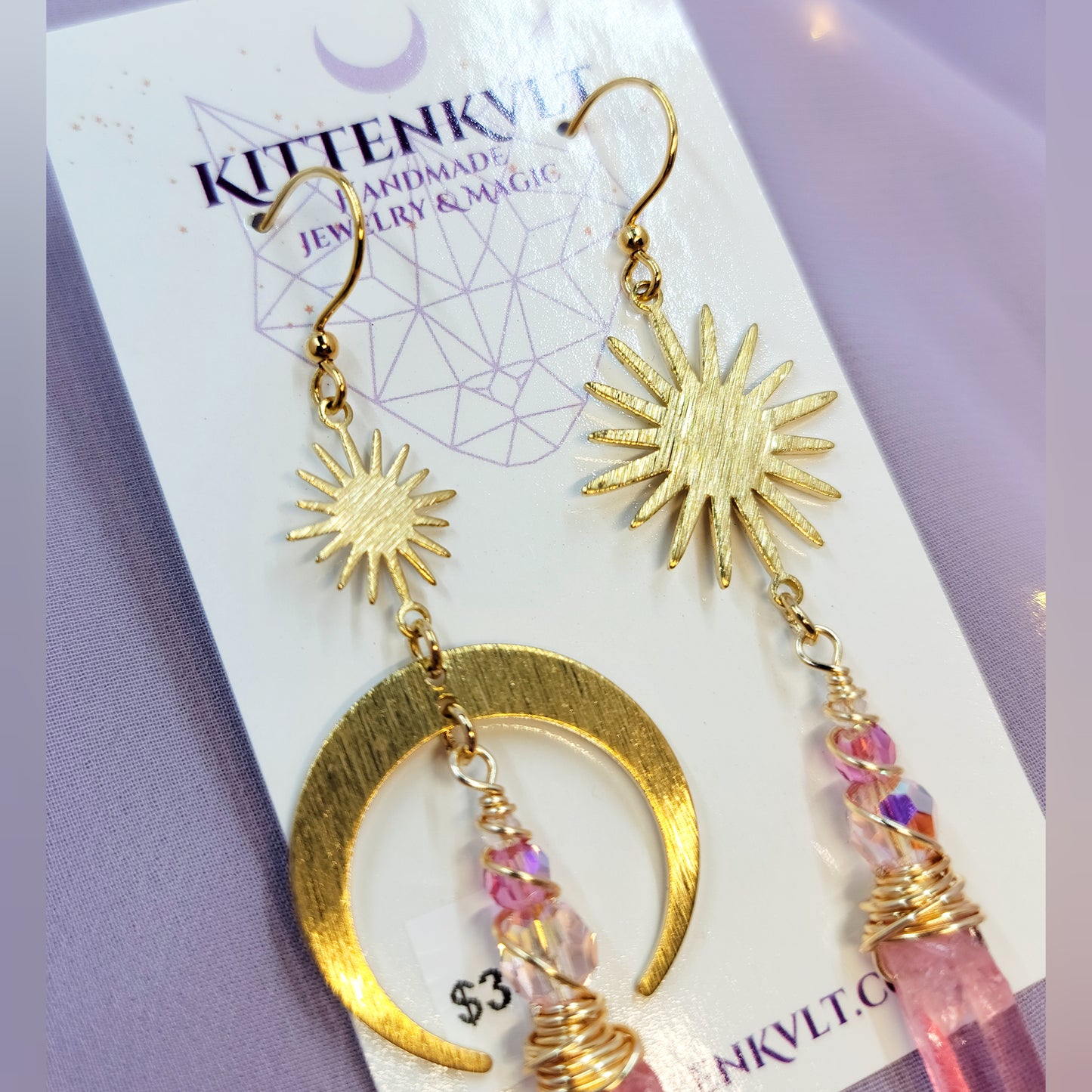 Ethereal Pink Quartz Celestial Moon Star Earrings