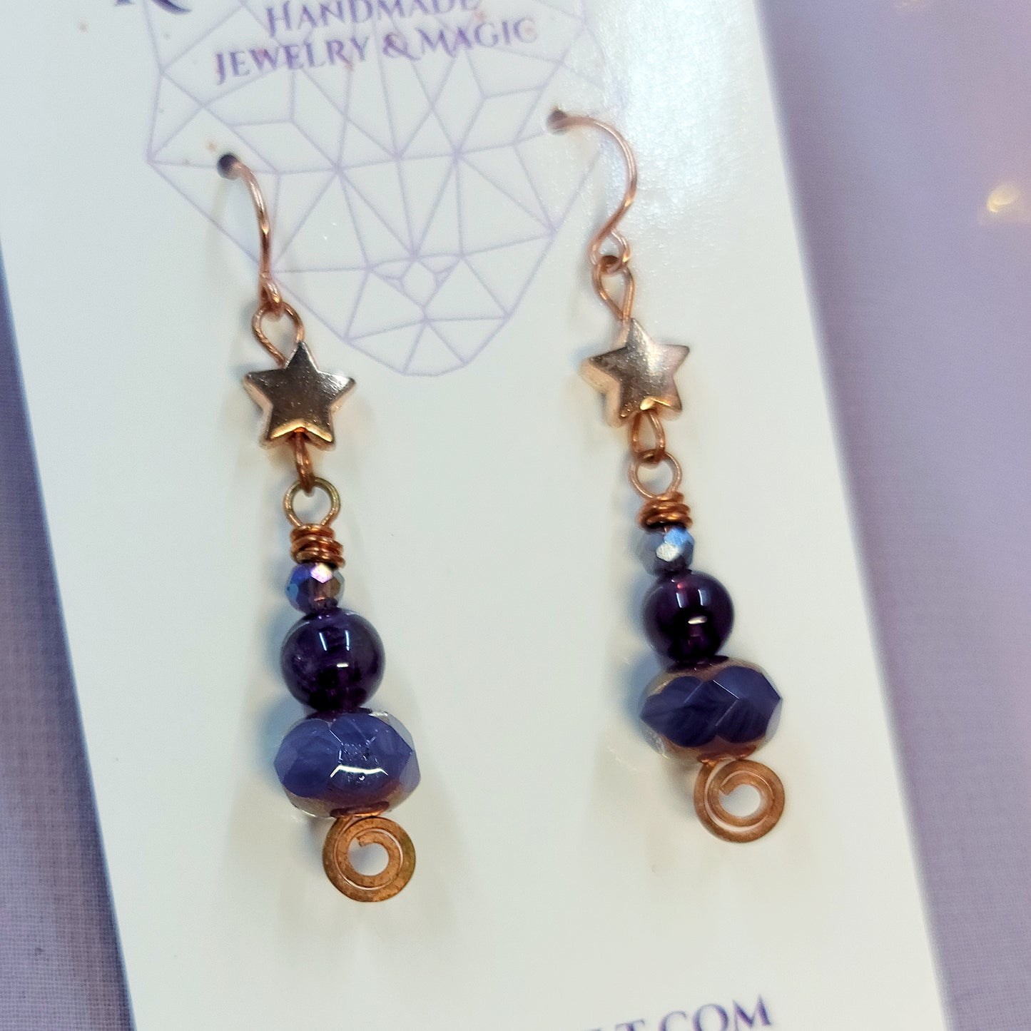 Celestial Witchy Amethyst Star Earrings, Copper Crystal Ethereal Fairy Dark Witch Amethyst Earrings