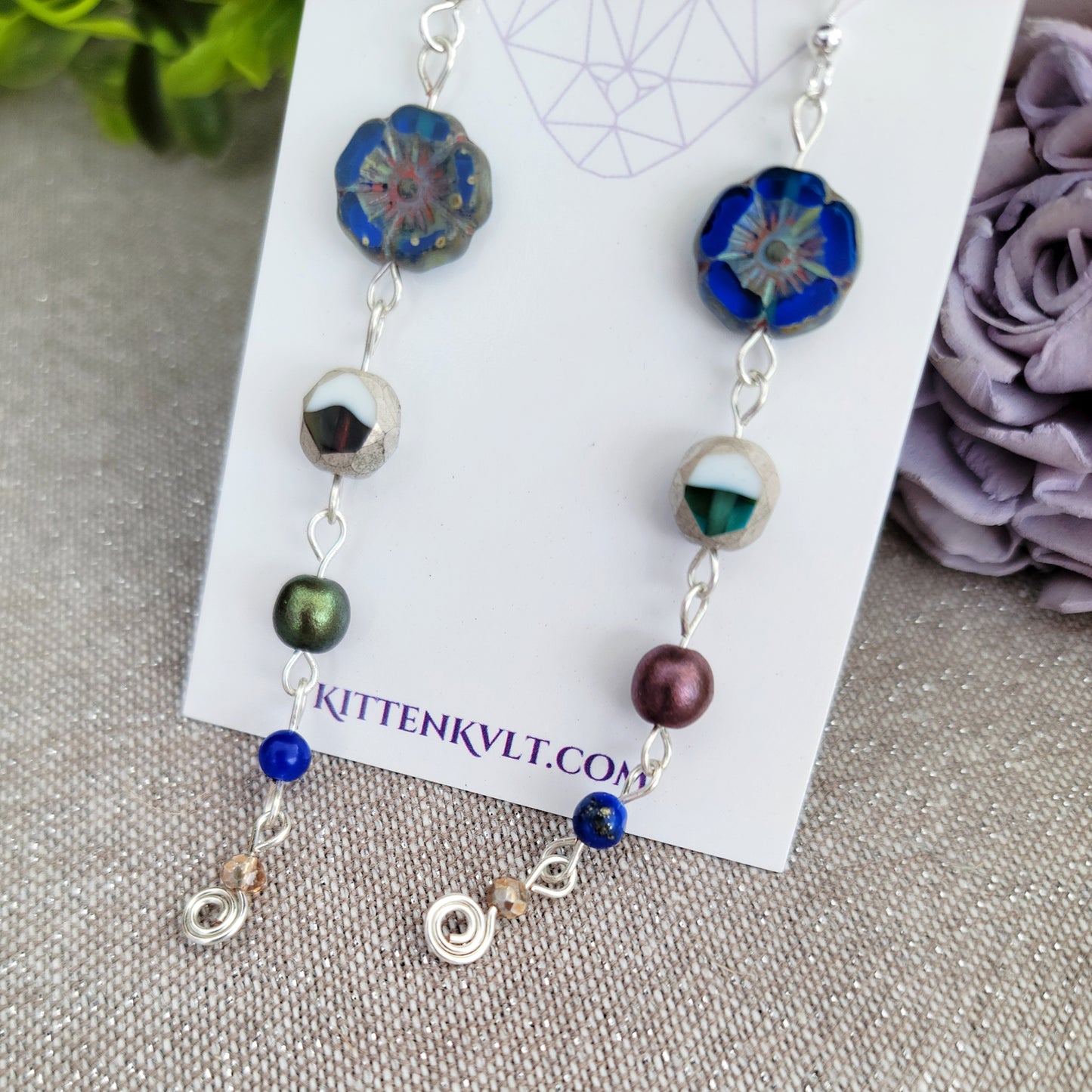 Lapis Lazuli & Czech Glass Flower Earrings