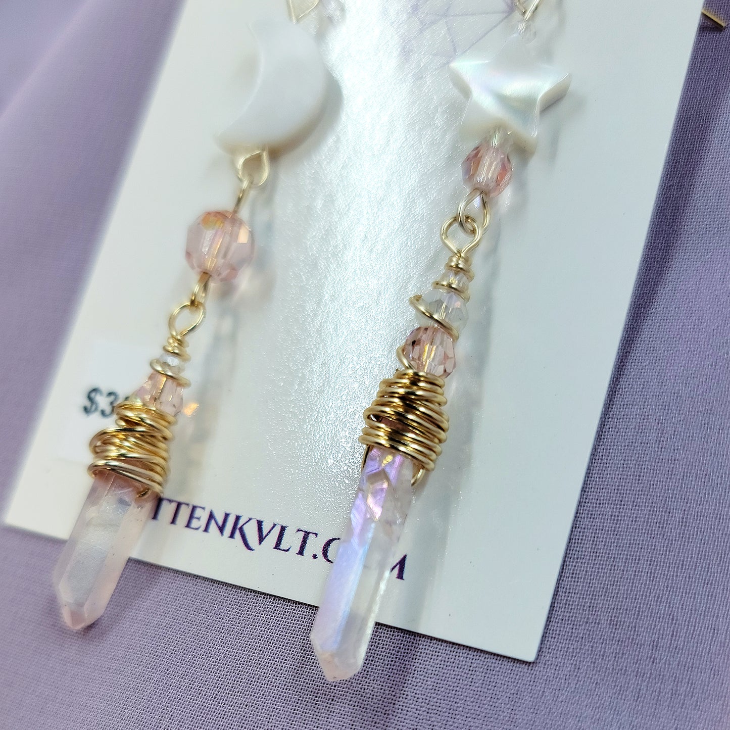 Pink Aura Quartz Celestial Shell Earrings