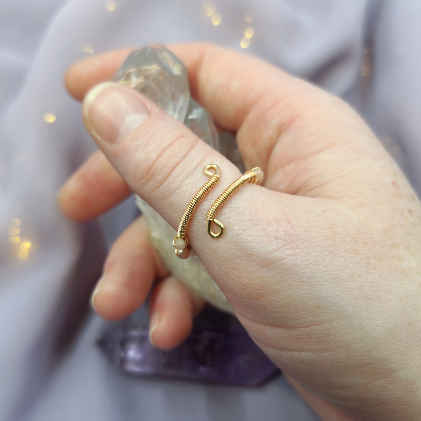 Ethereal Fairy Peach Moonstone & Pearl Adjustable Ring