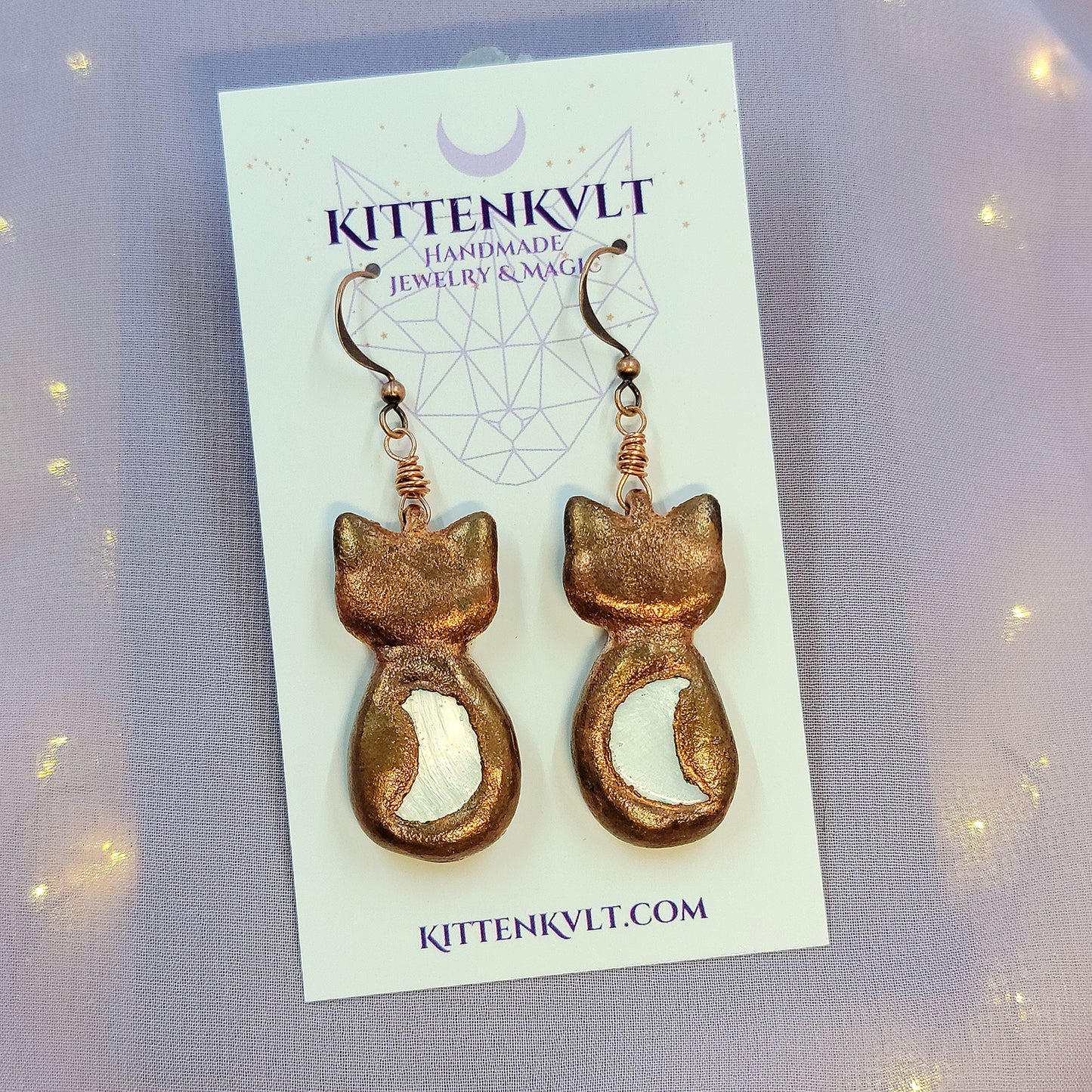 Electroformed Celestial Kitty Cat Copper & Mother of Pearl Shell Moon Earrings