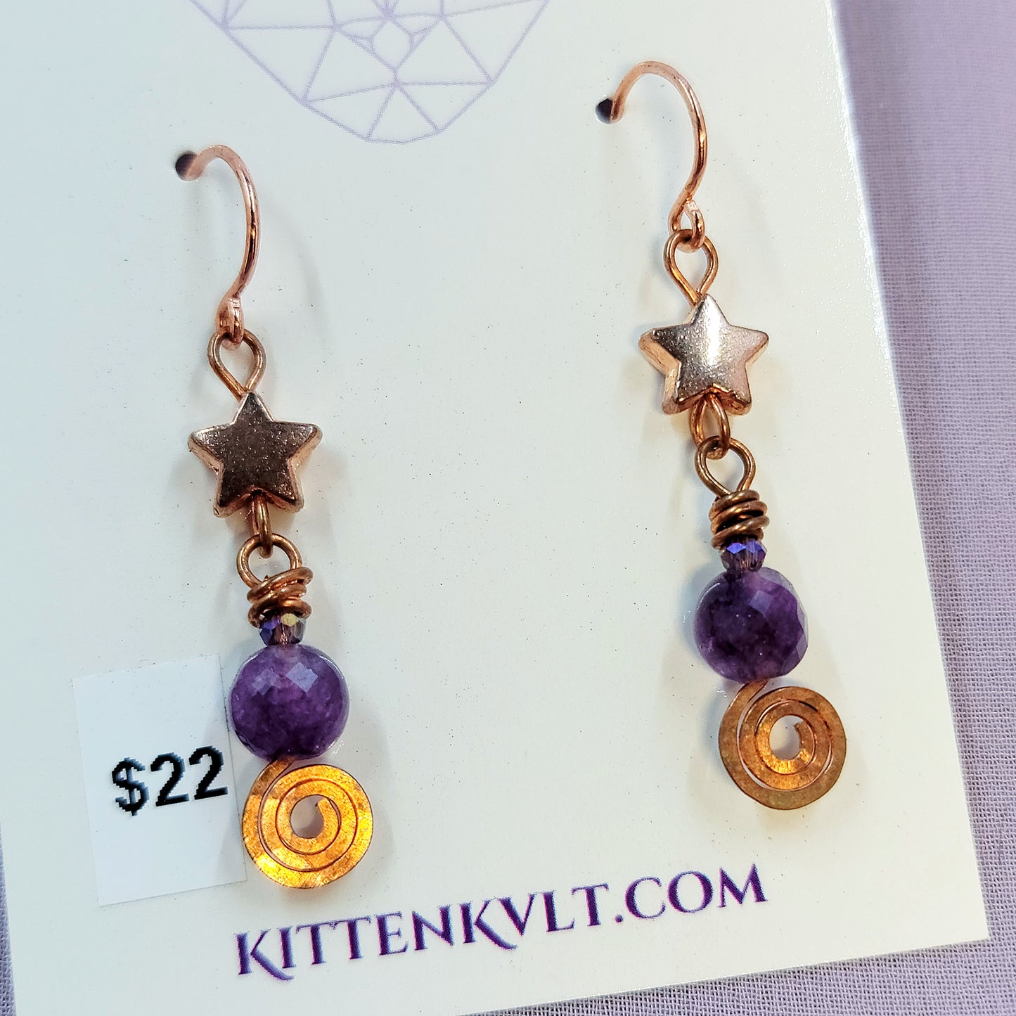 Celestial Witchy Amethyst Earrings, Copper Crystal Dainty Ethereal Fairy Amethyst Earrings