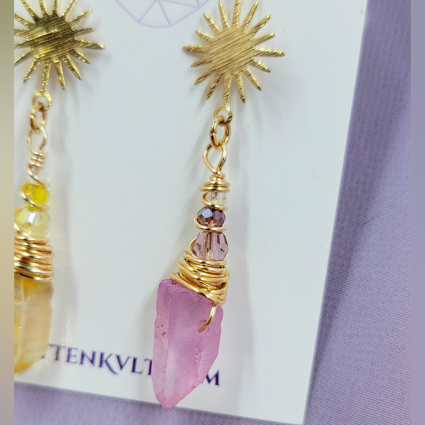 Ethereal Witchy Mismatch Aura Quartz Celestial Sun Star Earrings