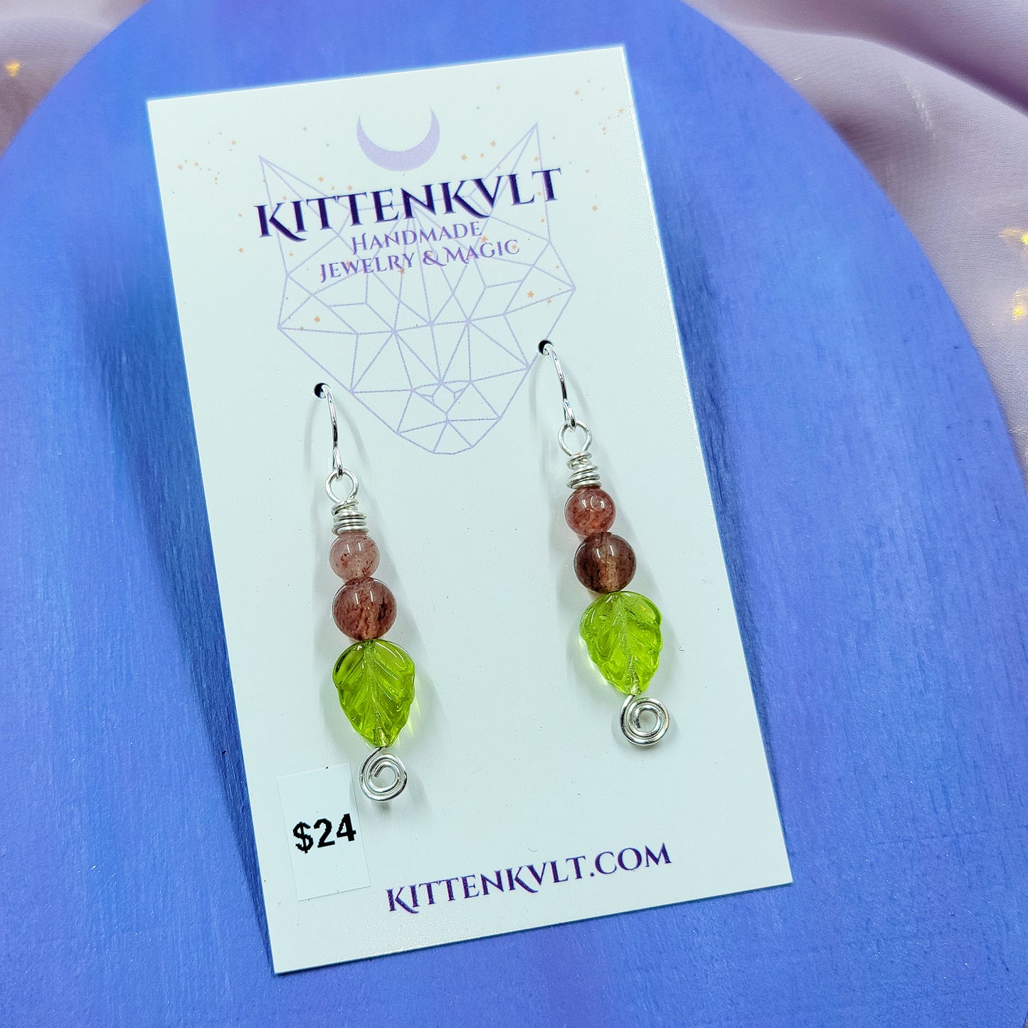 Earthy Fairy Strawberry Quartz Leaf Earrings