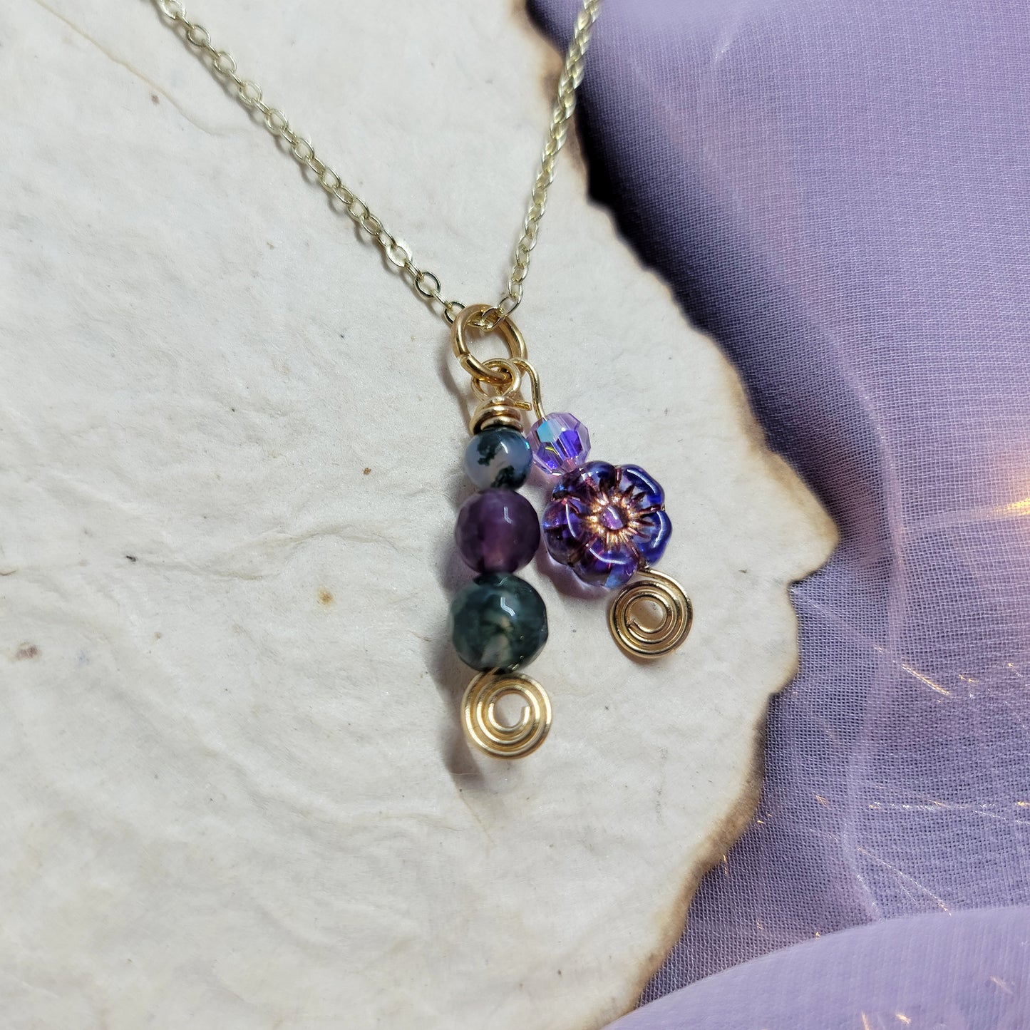 Moss Agate & Amethyst Flower Necklace