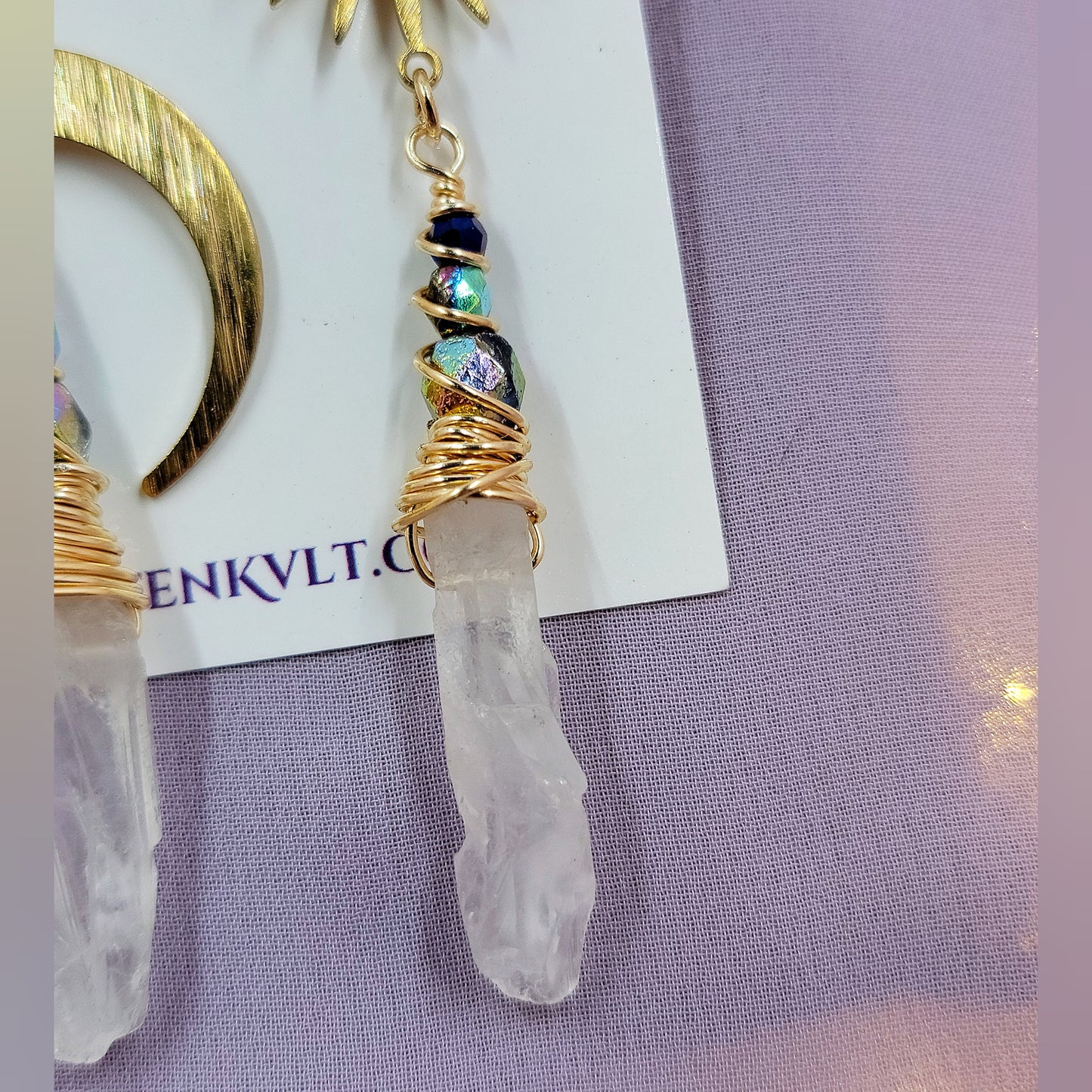 Ethereal Quartz Celestial Rainbow Moon Star Earrings