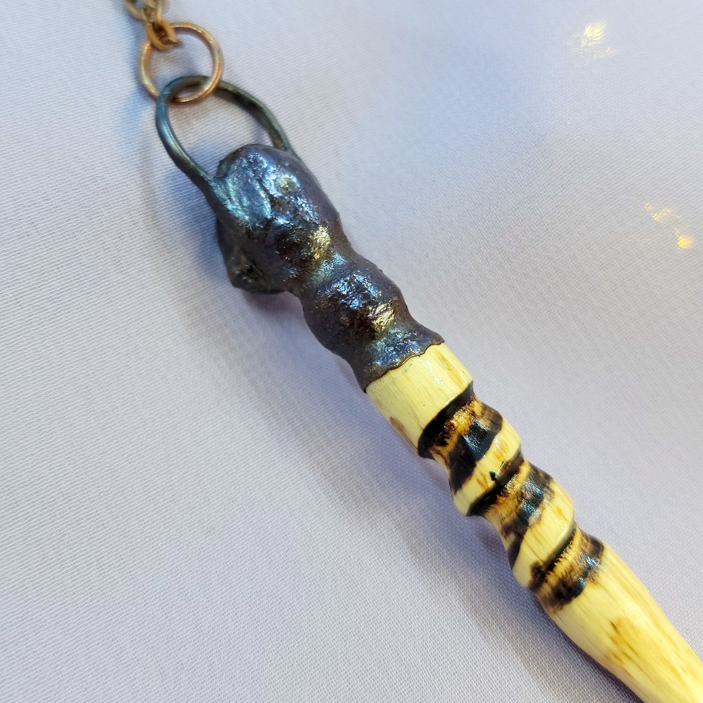 Hand Carved Ash Wood, Copper & Green Aventurine Wand Necklace