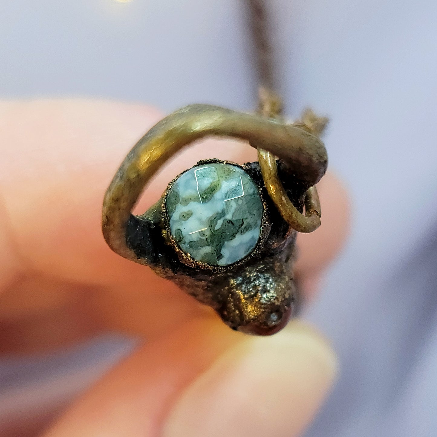 Hand Carved Wood & Moss Agate Jasper Electroformed Copper Dragon Necklace