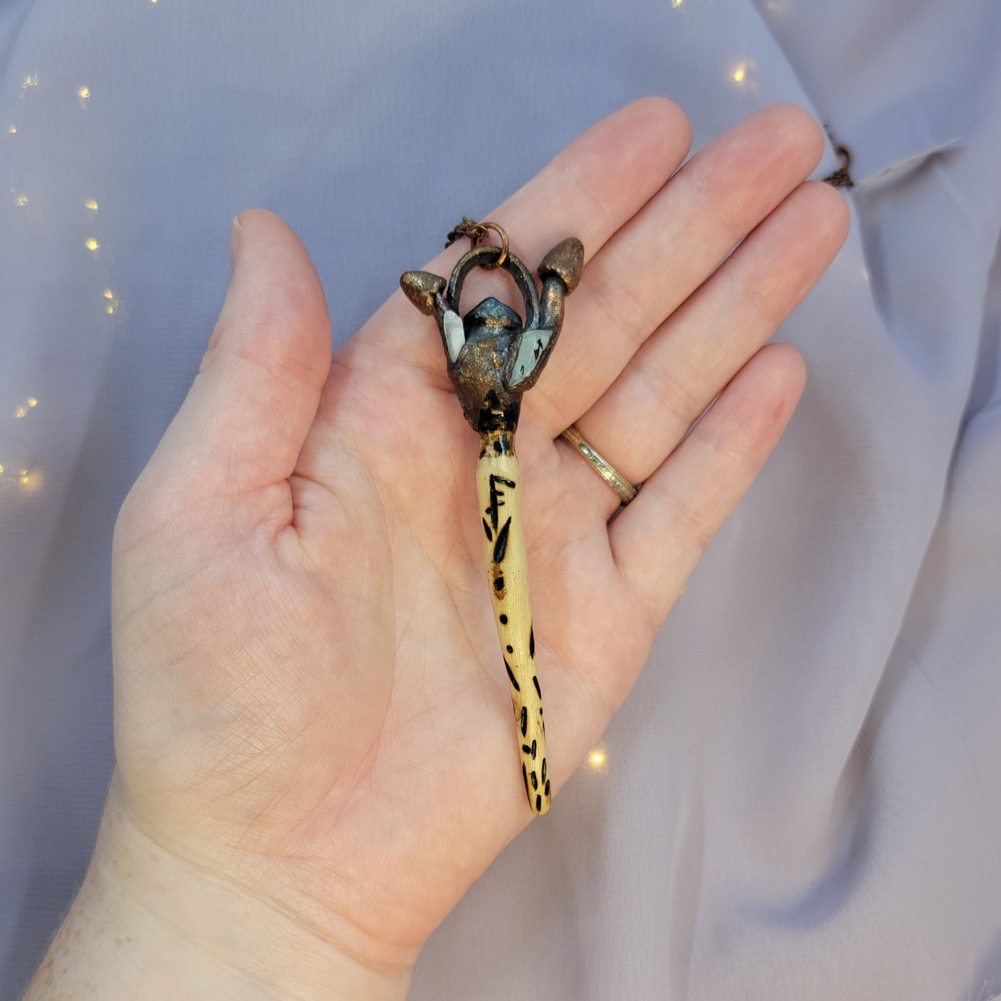 Hand Carved Wand Labradorite Mushroom Electroformed Copper Necklace