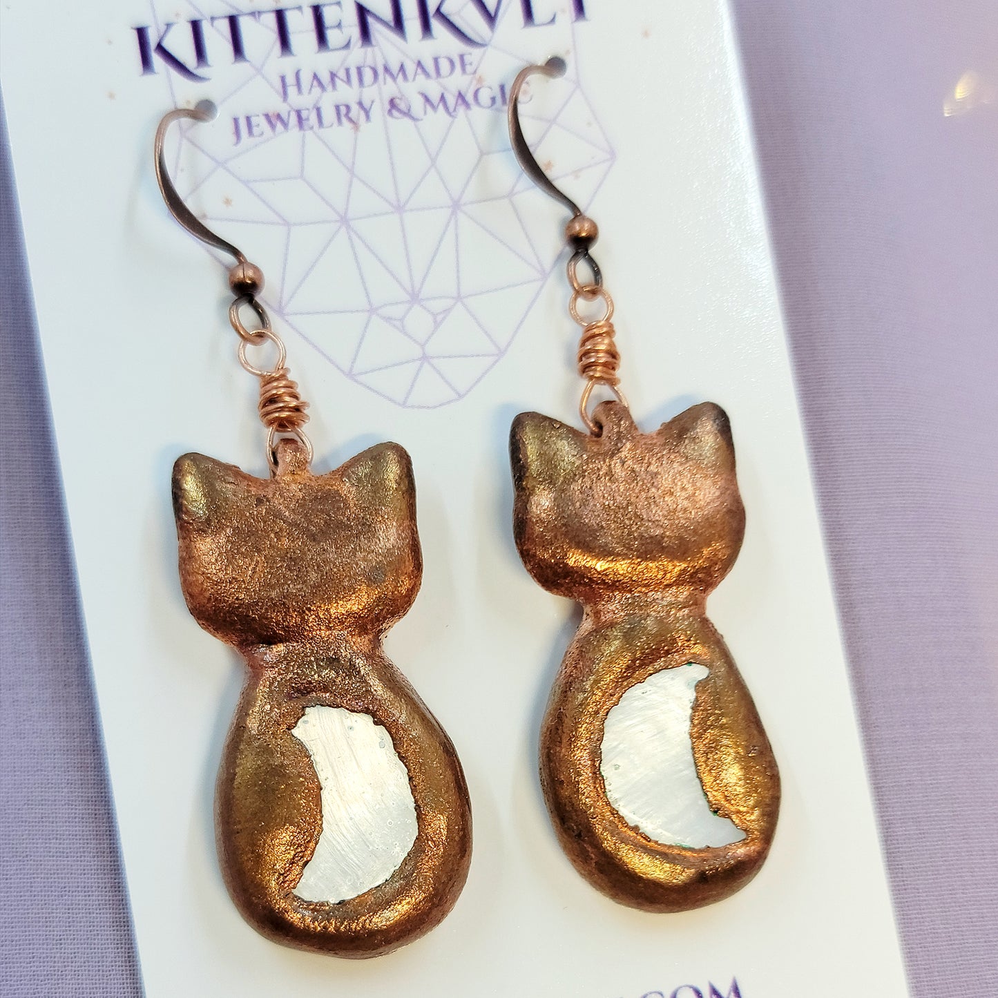 Electroformed Celestial Kitty Cat Copper & Mother of Pearl Shell Moon Earrings