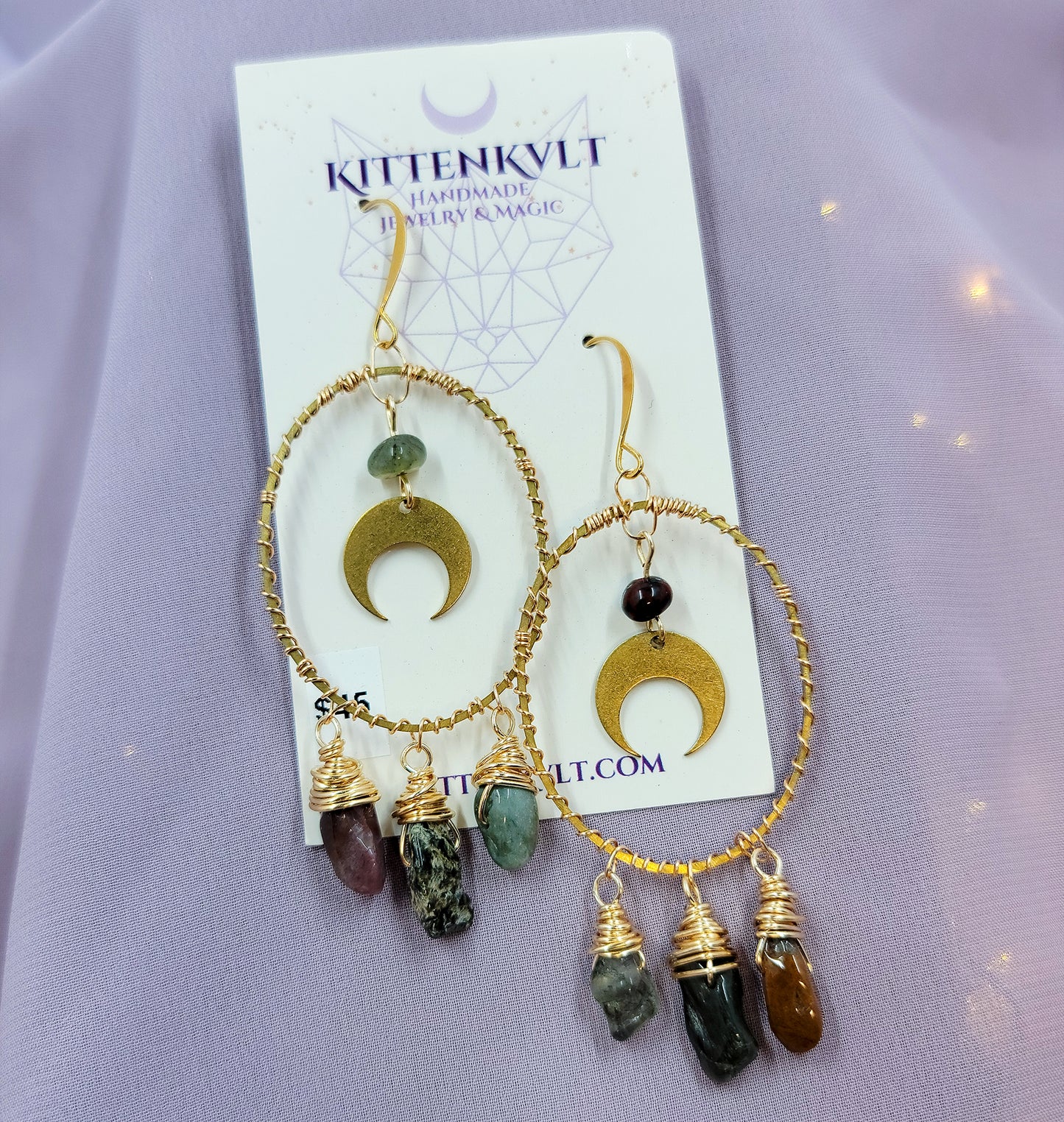 Ocean Jasper Moon Hoop Earrings Hammered Brass