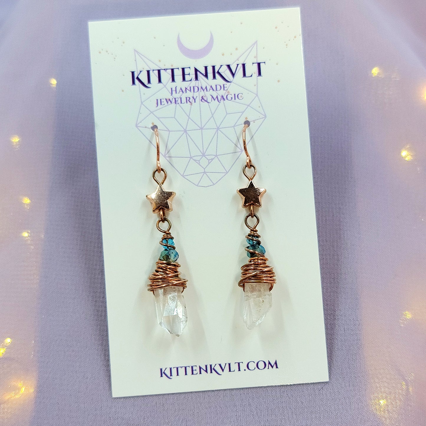 Celestial Witchy Quartz Star Earrings, Copper Crystal Dainty Ethereal Fairy Space Witch Earrings