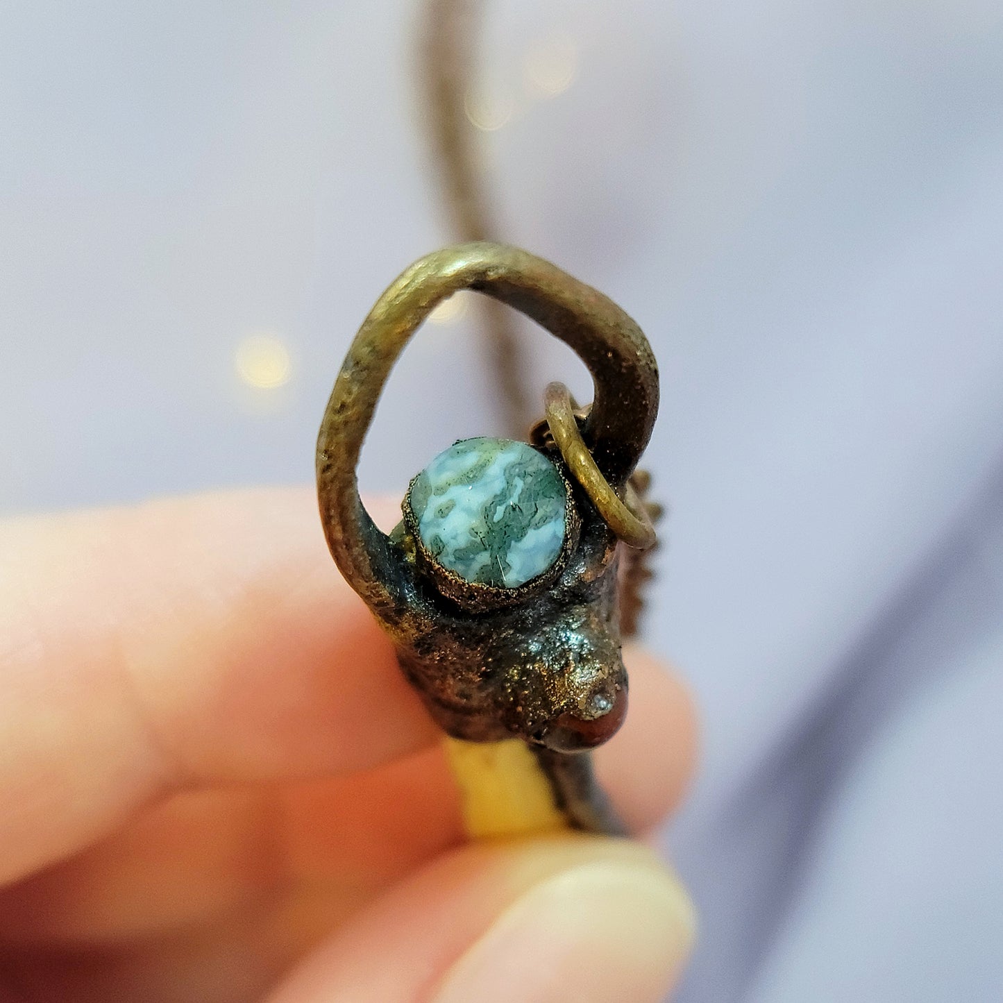 Hand Carved Wood & Moss Agate Jasper Electroformed Copper Dragon Necklace