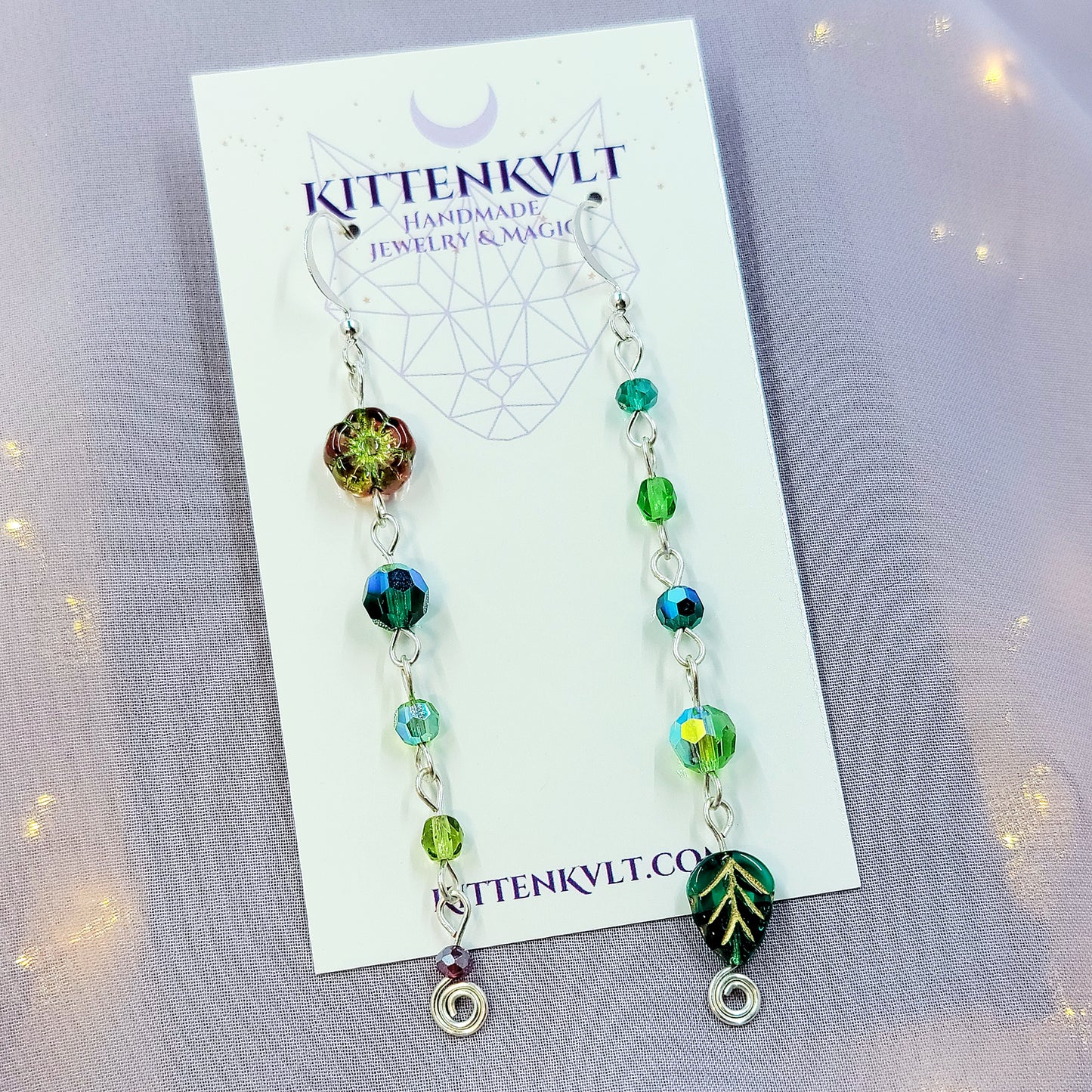 Czech Glass Cottage Witch Fairy Flower & Leaf Earrings