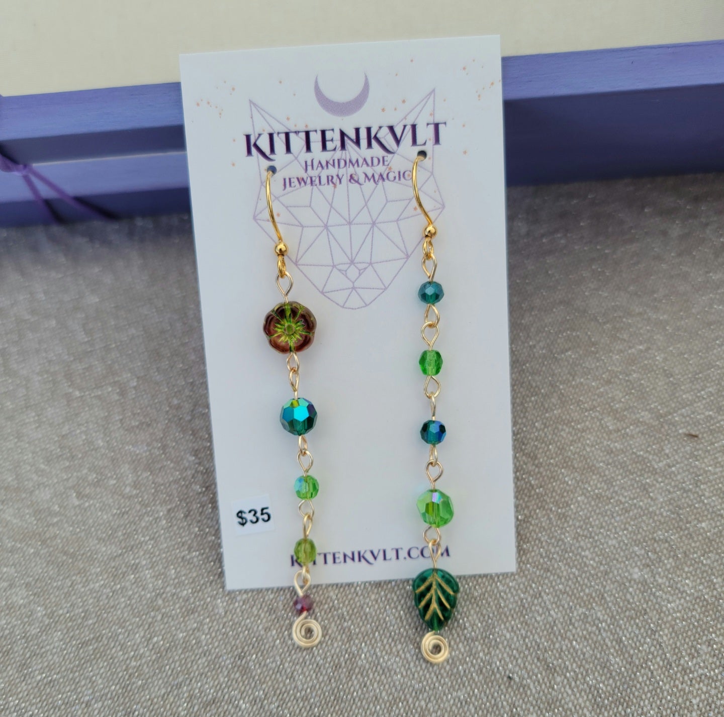 Czech Glass Cottage Witch Fairy Flower & Leaf Earrings