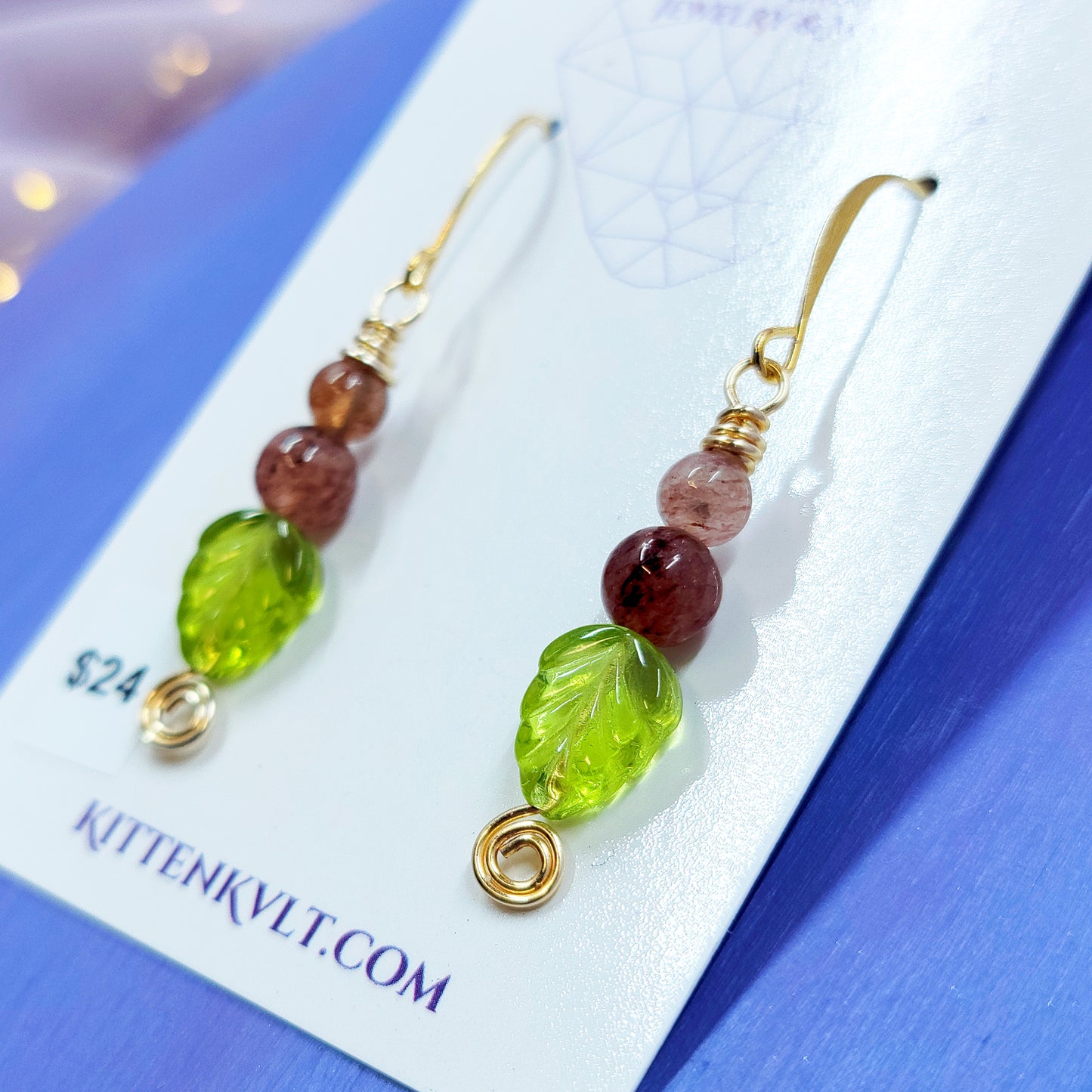 Earthy Fairy Strawberry Quartz Leaf Earrings