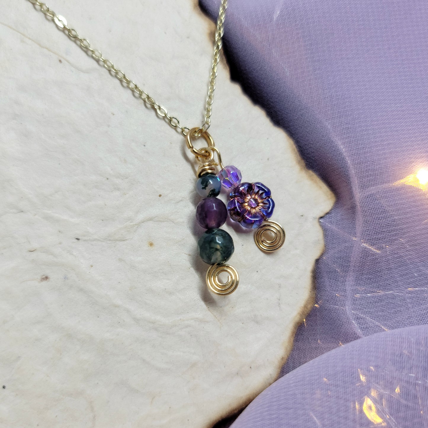 Moss Agate & Amethyst Flower Necklace