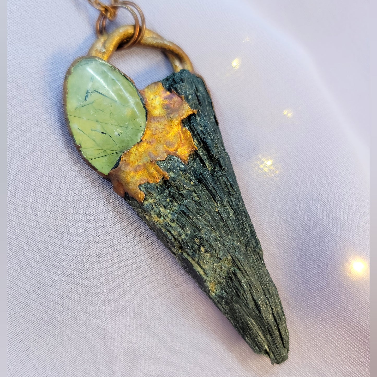 Black Kyanite & Prehnite Raven Electroformed Copper Necklace