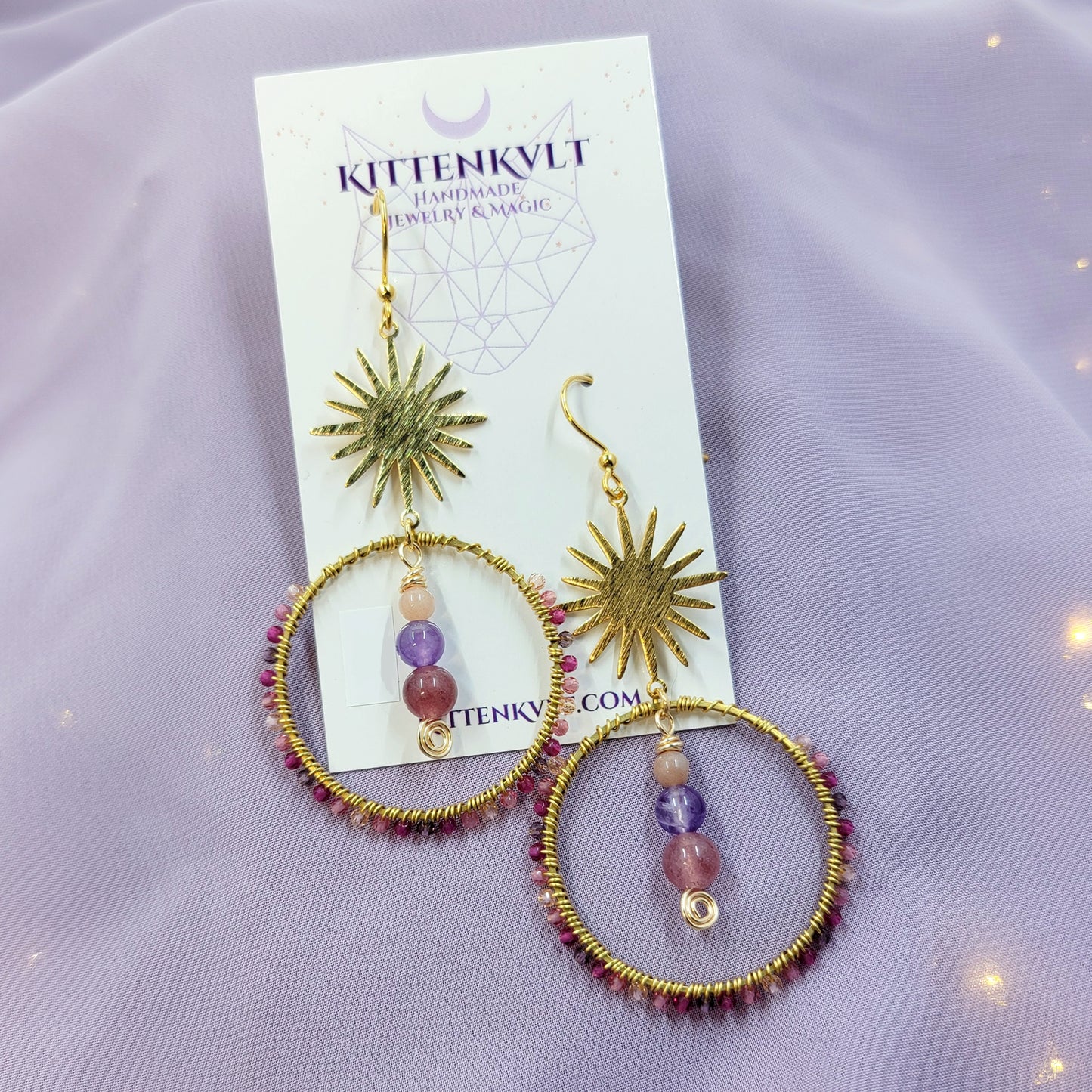 Mystical Celestial Amethyst, Strawberry Quartz, Sunstone Hoop Earrings
