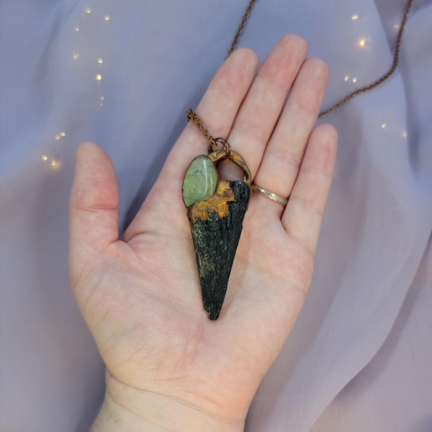 Black Kyanite & Prehnite Raven Electroformed Copper Necklace