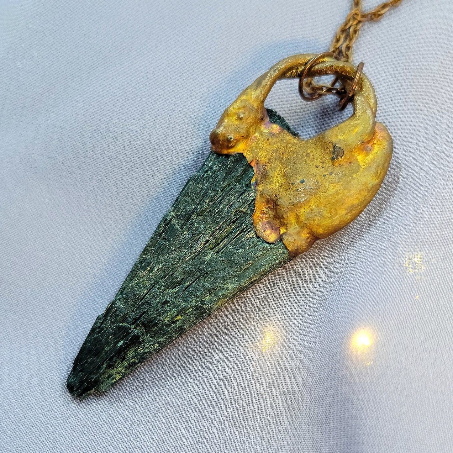 Black Kyanite & Prehnite Raven Electroformed Copper Necklace