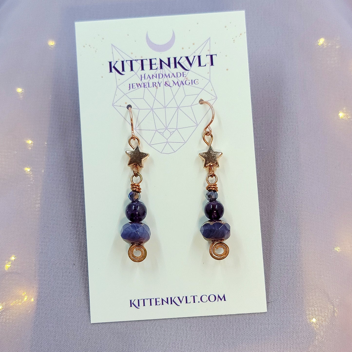 Celestial Witchy Amethyst Star Earrings, Copper Crystal Ethereal Fairy Dark Witch Amethyst Earrings