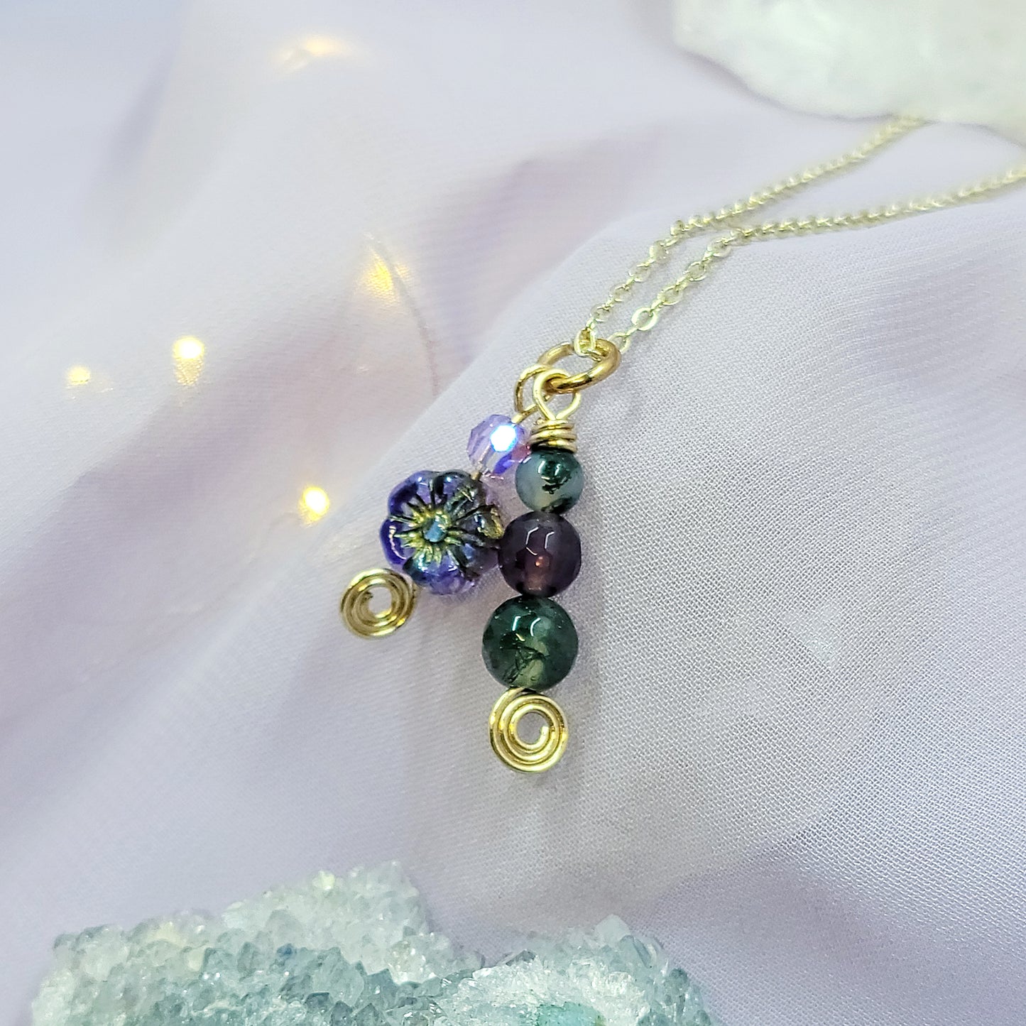 Moss Agate & Amethyst Flower Necklace