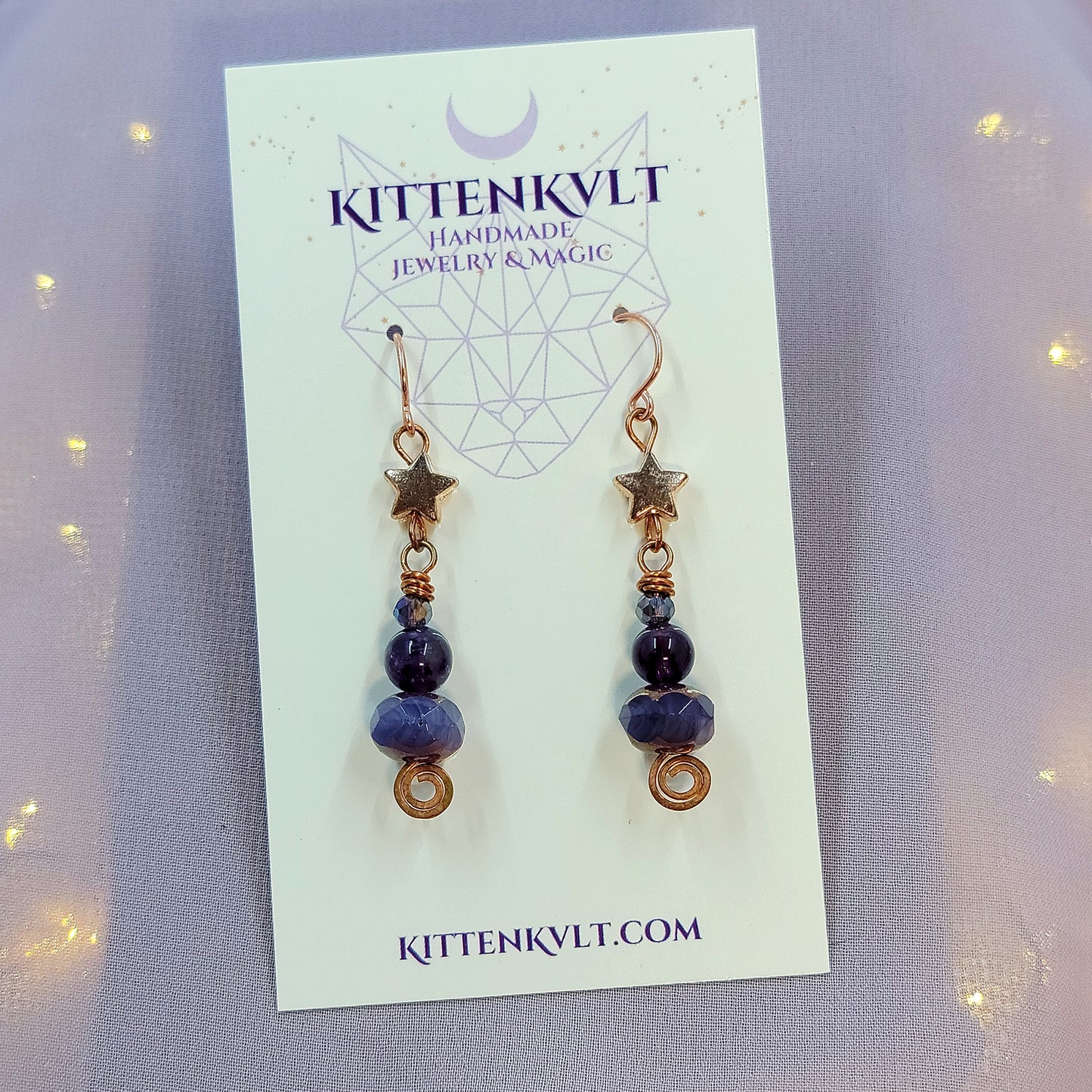 Celestial Witchy Amethyst Star Earrings, Copper Crystal Ethereal Fairy Dark Witch Amethyst Earrings