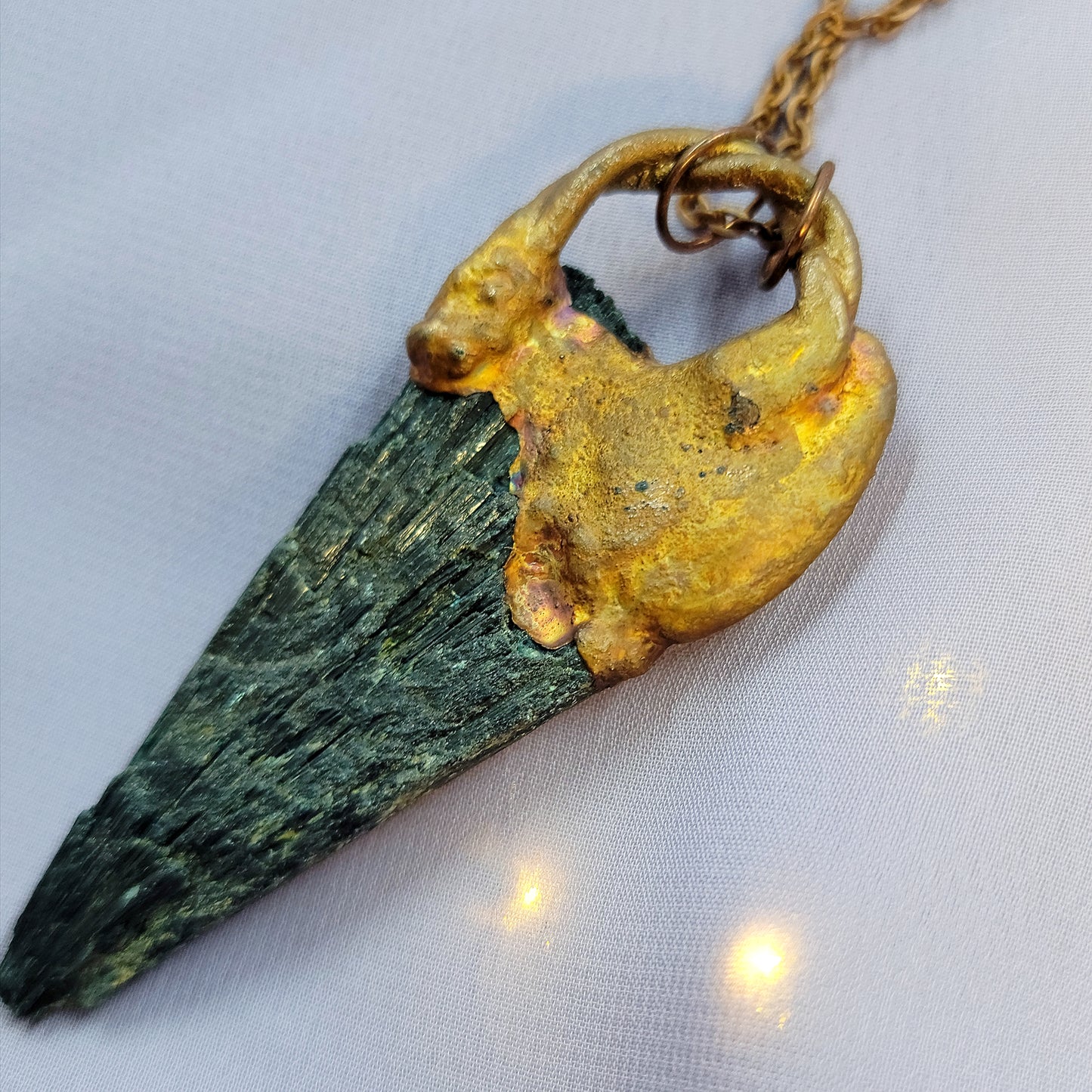 Black Kyanite & Prehnite Raven Electroformed Copper Necklace