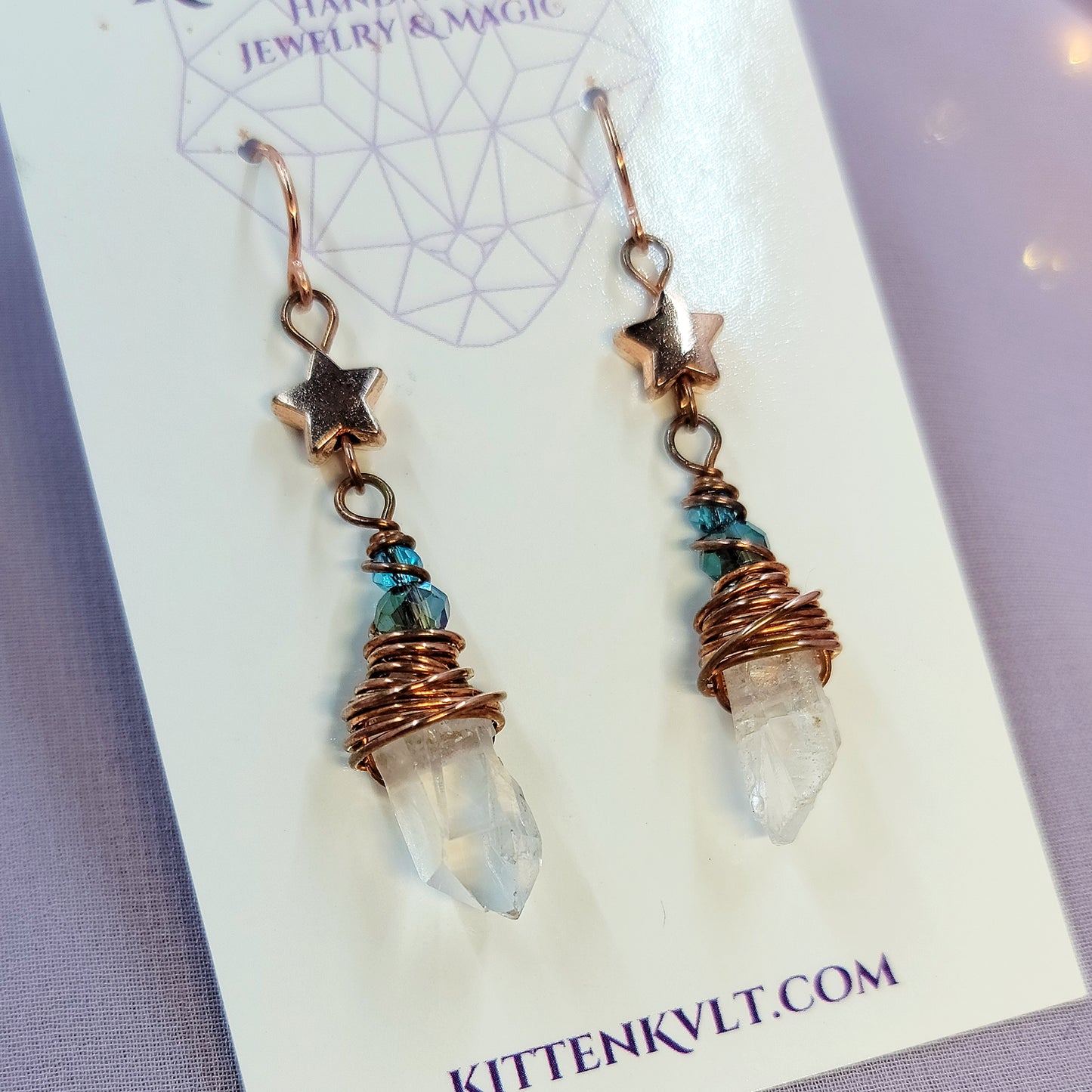 Celestial Witchy Quartz Star Earrings, Copper Crystal Dainty Ethereal Fairy Space Witch Earrings