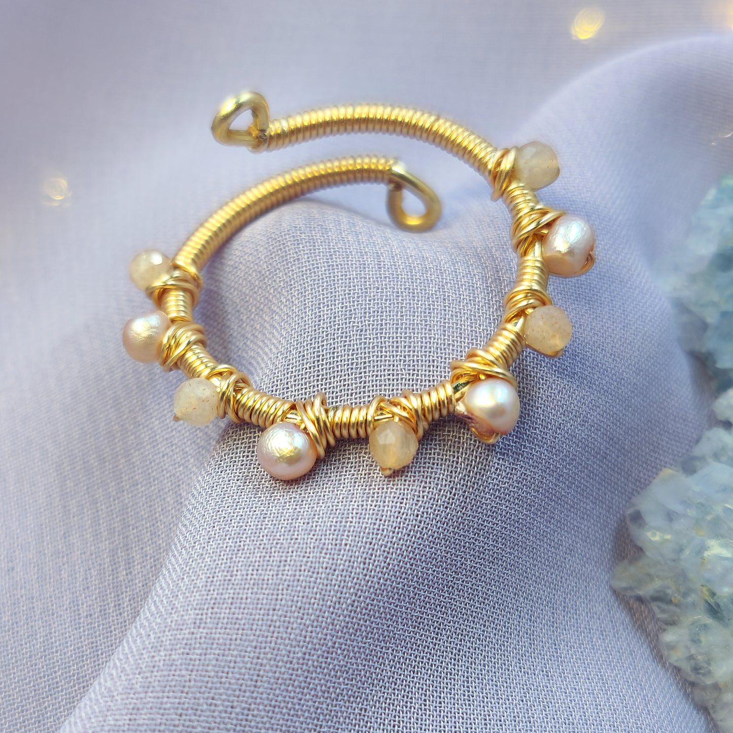 Ethereal Fairy Peach Moonstone & Pearl Adjustable Ring