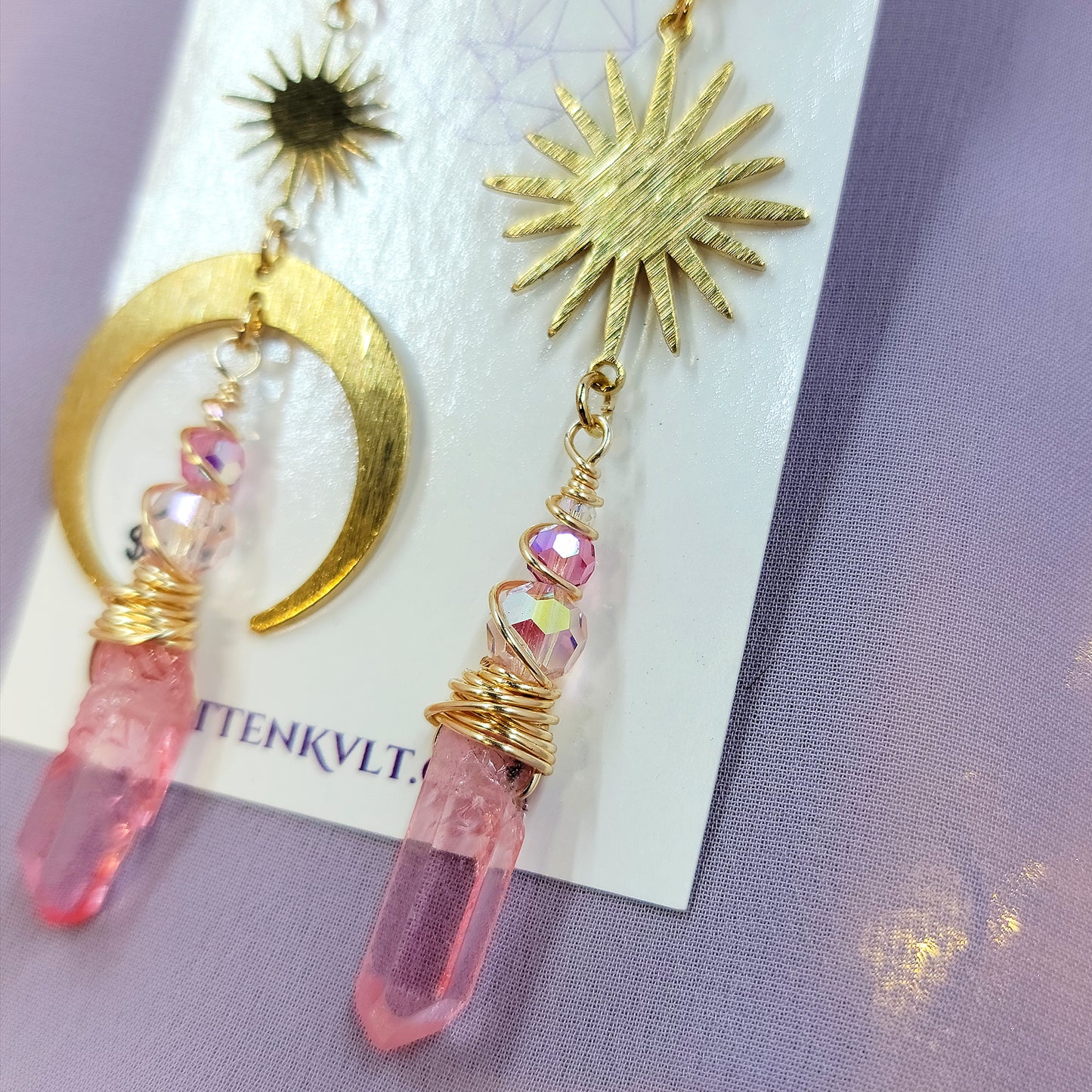 Ethereal Pink Quartz Celestial Moon Star Earrings