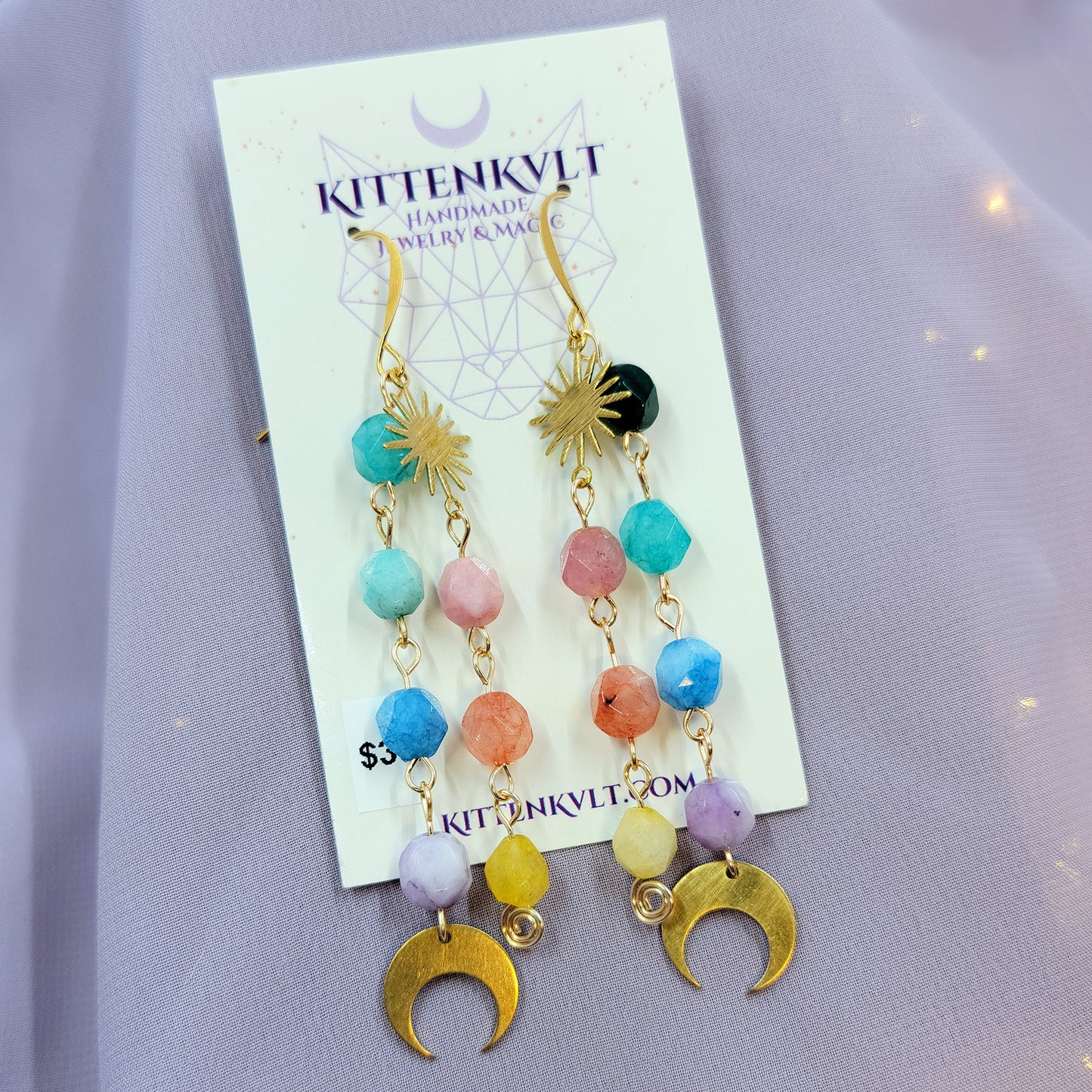 Celestial Rainbow Quartz Moon Star Earrings