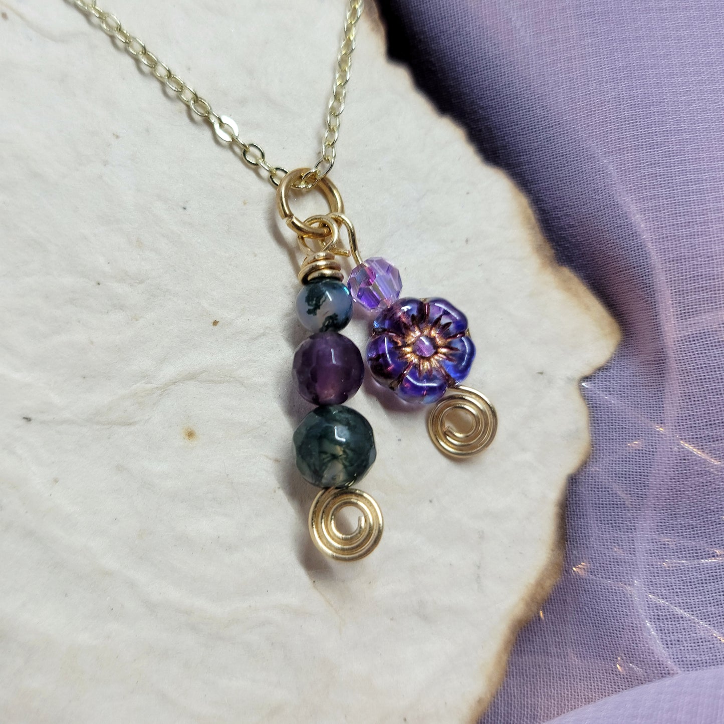 Moss Agate & Amethyst Flower Necklace