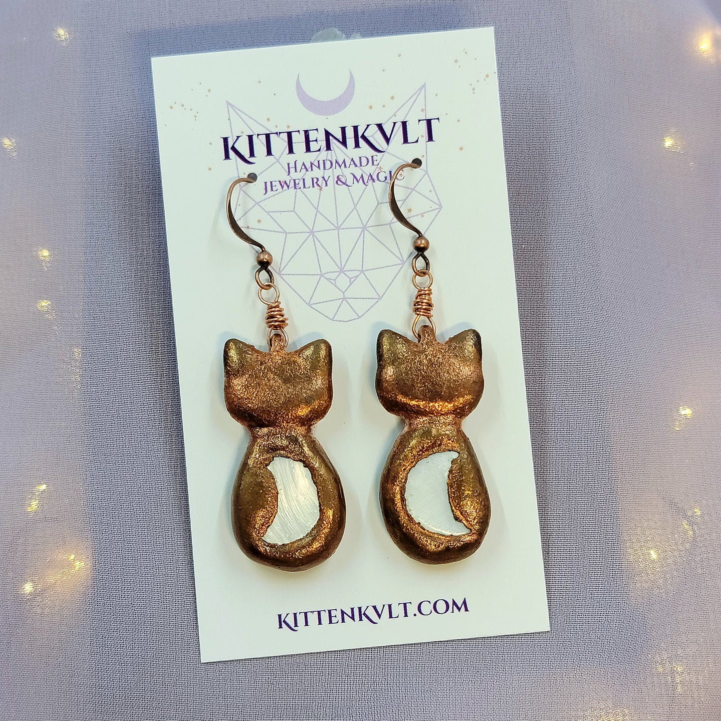 Electroformed Celestial Kitty Cat Copper & Mother of Pearl Shell Moon Earrings