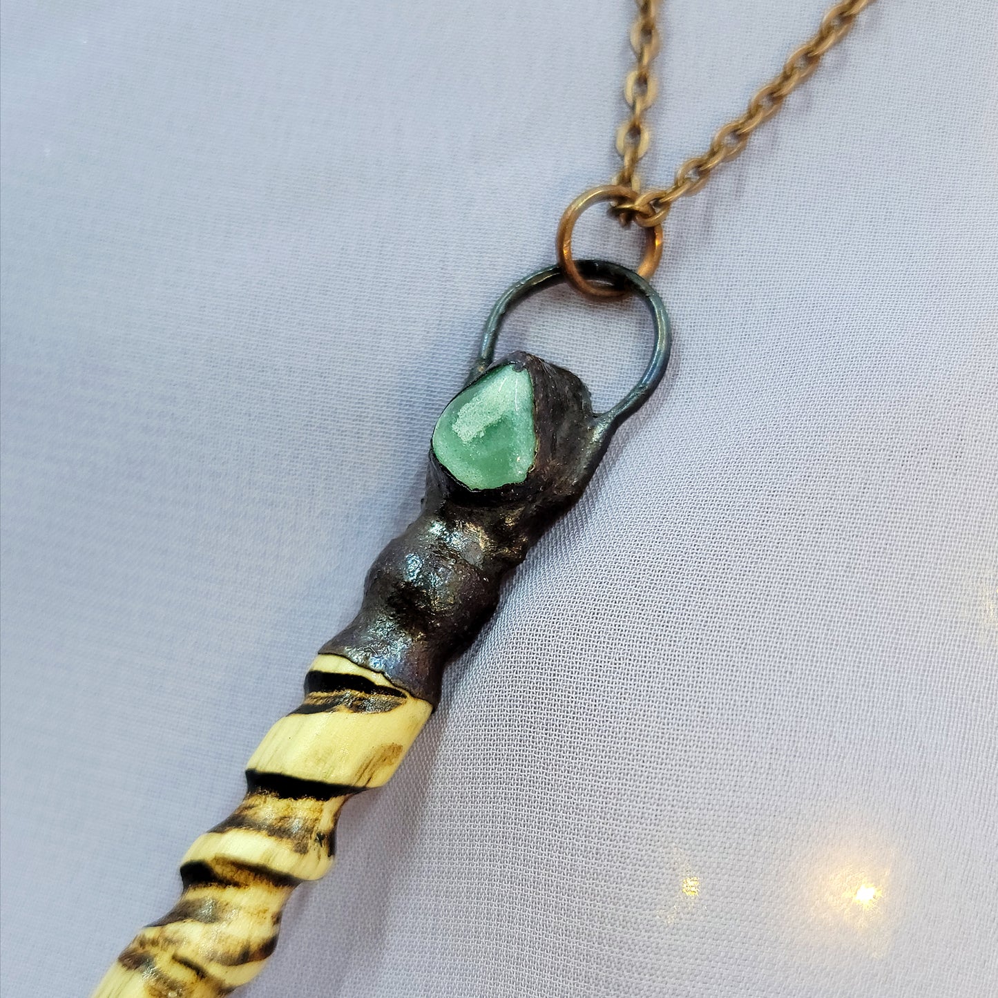 Hand Carved Ash Wood, Copper & Green Aventurine Wand Necklace
