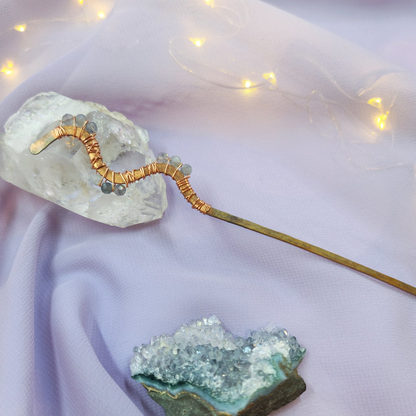 Labradorite Hammered Copper Squiggle Hair Stick