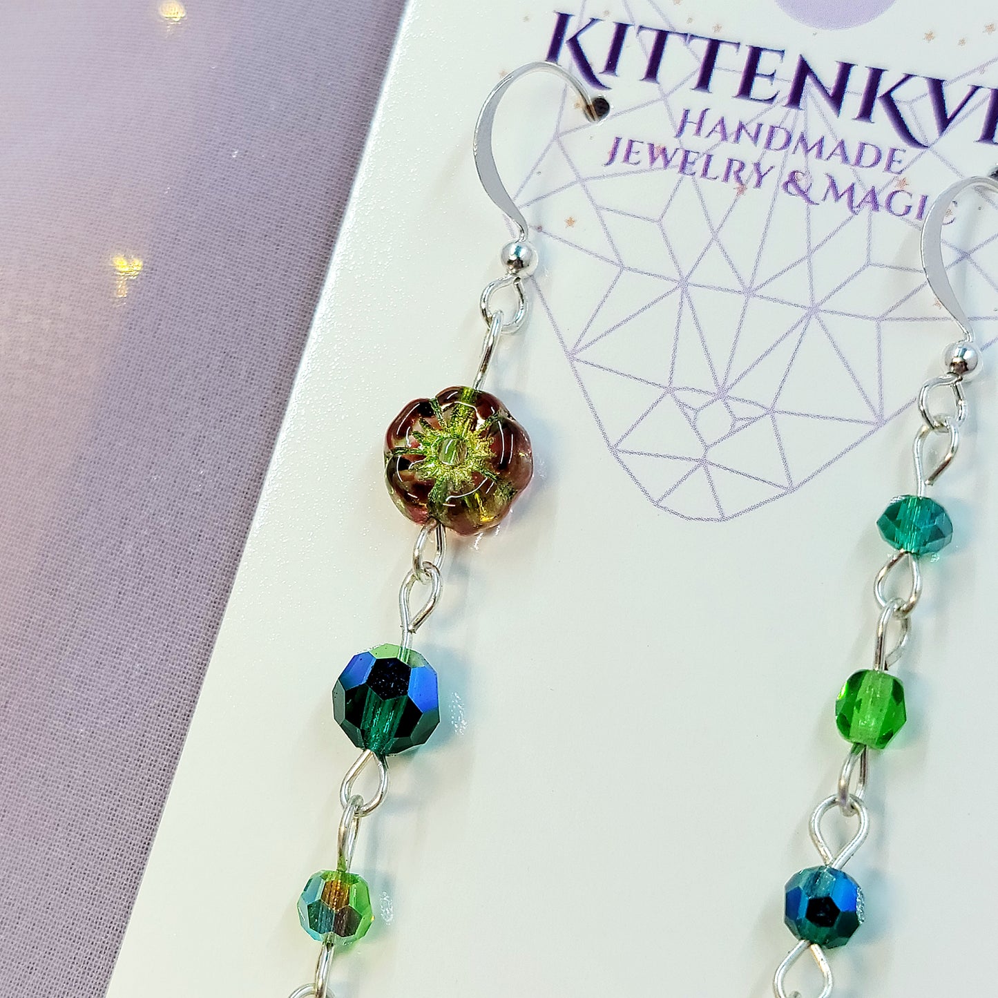 Czech Glass Cottage Witch Fairy Flower & Leaf Earrings