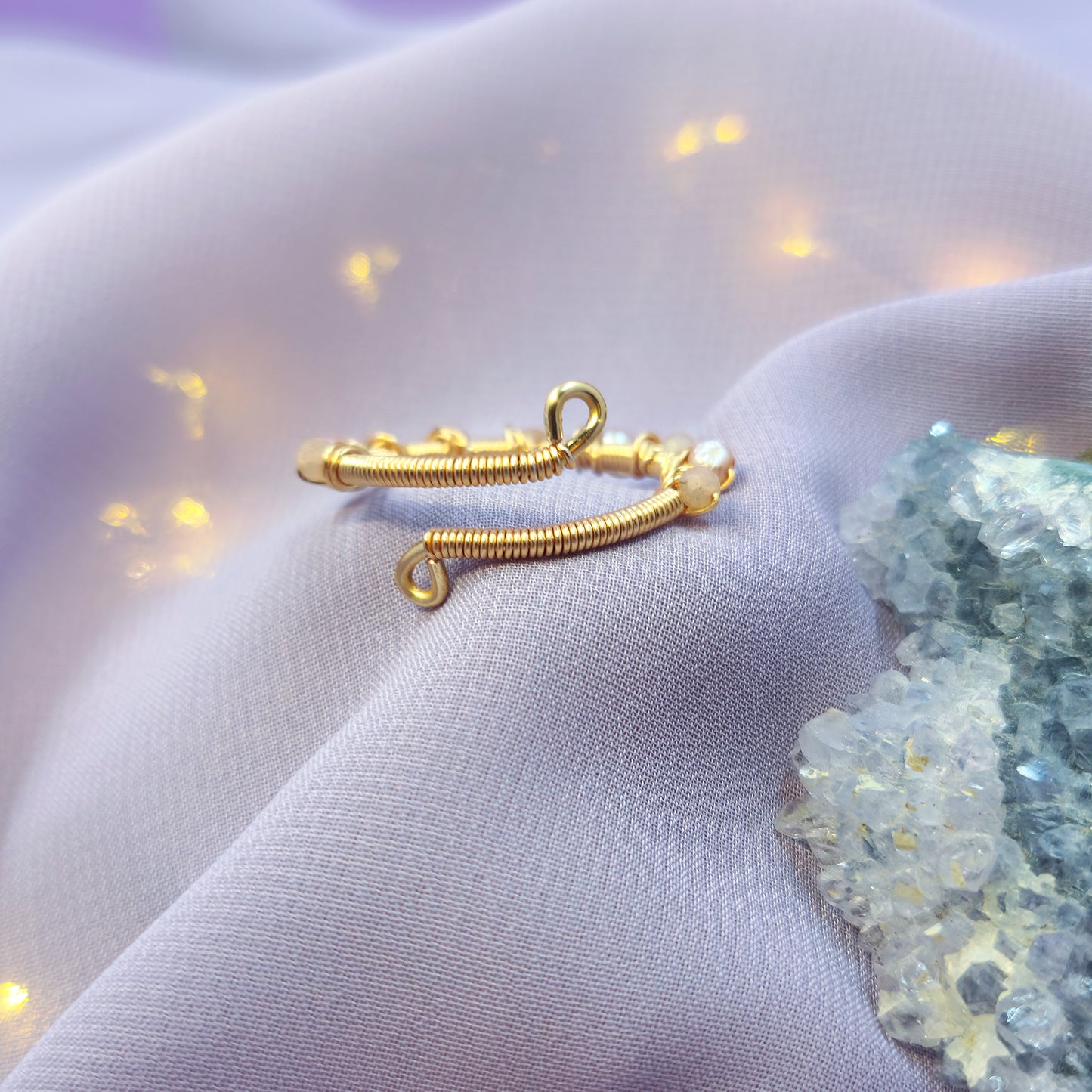 Ethereal Fairy Peach Moonstone & Pearl Adjustable Ring