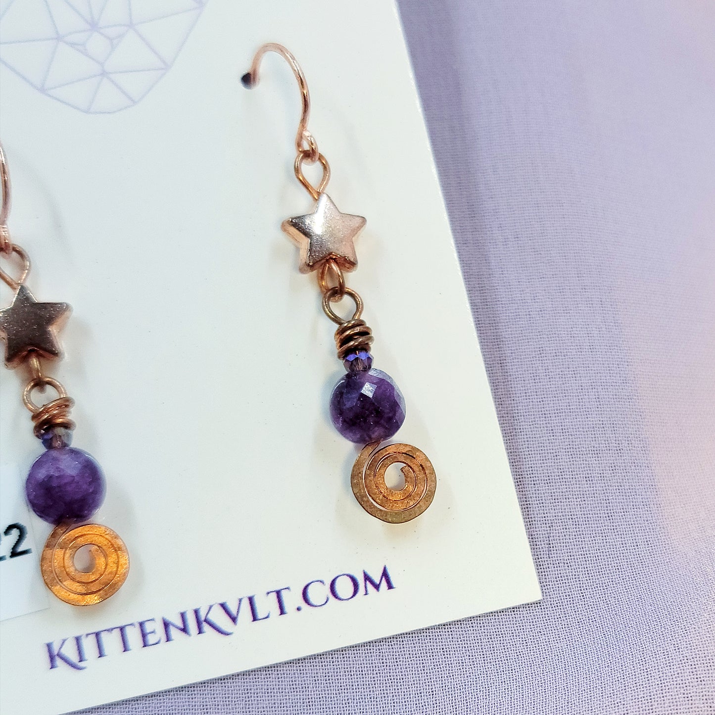 Celestial Witchy Amethyst Earrings, Copper Crystal Dainty Ethereal Fairy Amethyst Earrings