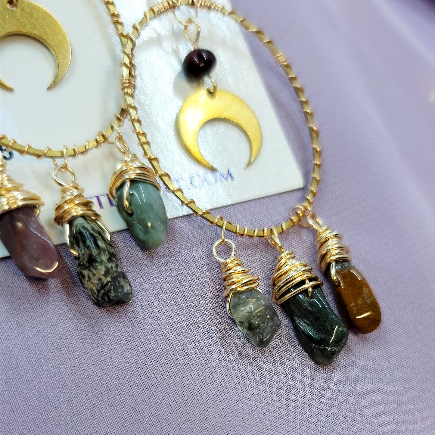Ocean Jasper Moon Hoop Earrings Hammered Brass