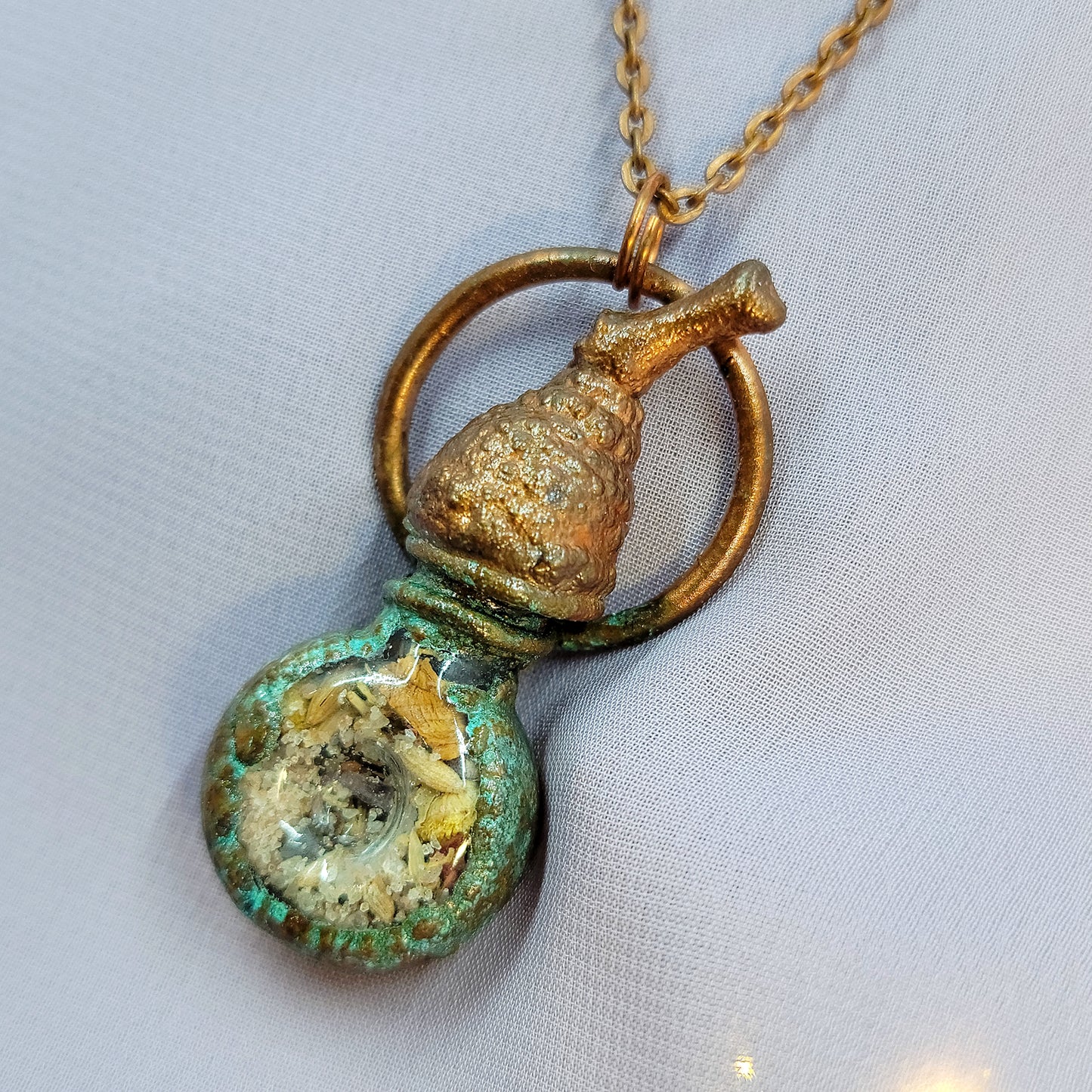 Anxiety Banishing Spell Jar & Acorn Patina Electroformed Copper Necklace