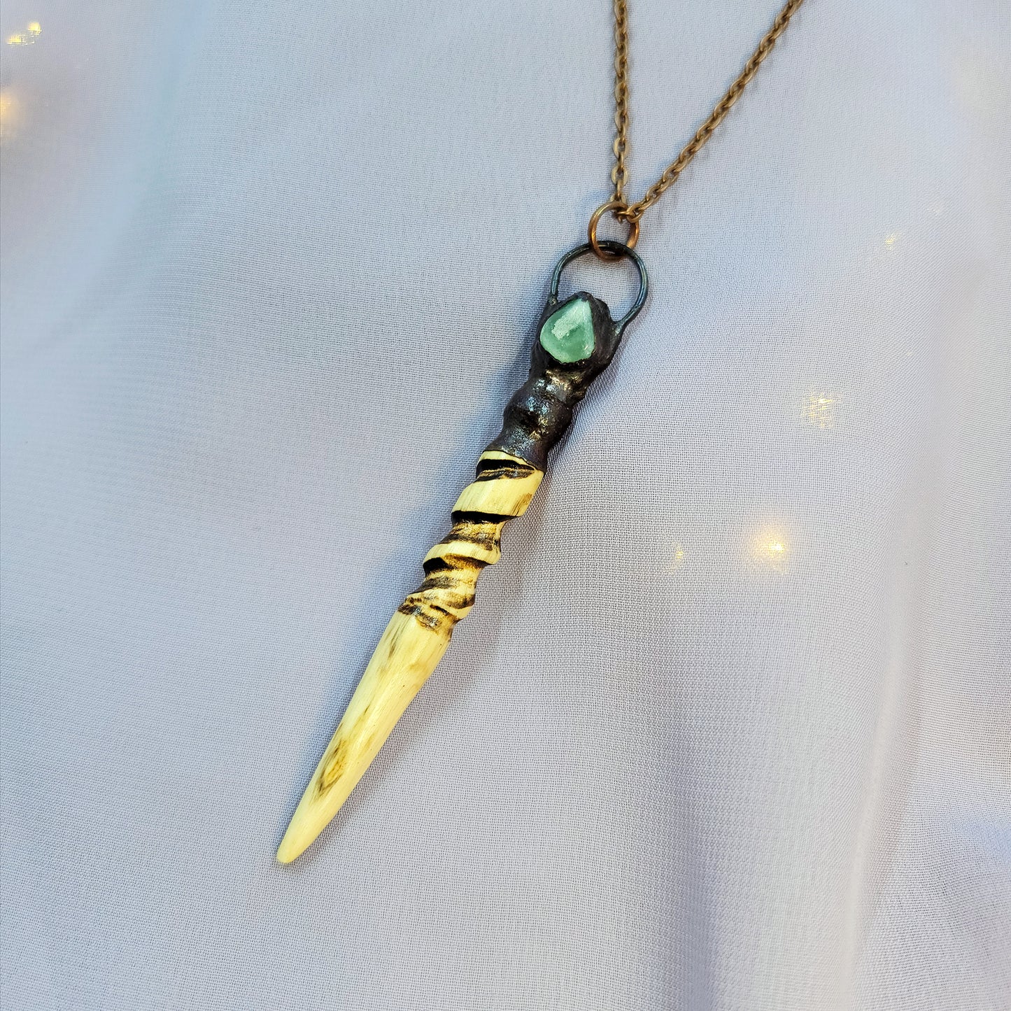 Hand Carved Ash Wood, Copper & Green Aventurine Wand Necklace