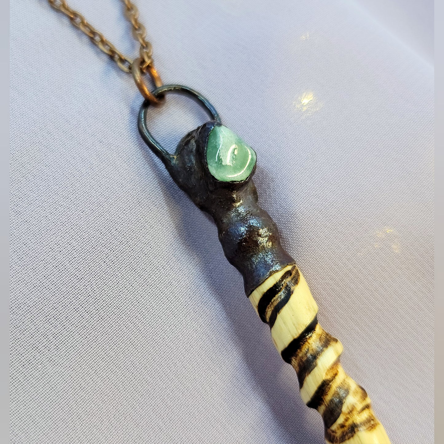 Hand Carved Ash Wood, Copper & Green Aventurine Wand Necklace