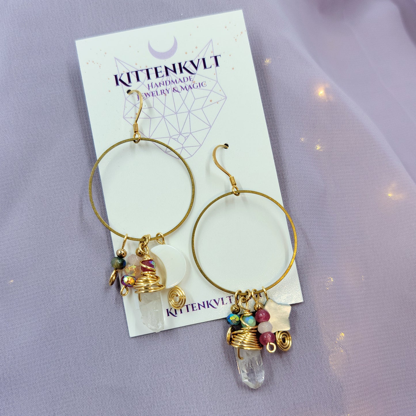 Mystical Celestial Quartz Moss Agate & Shell Charm Earrings, Ethereal Fairy Crystal Earrings