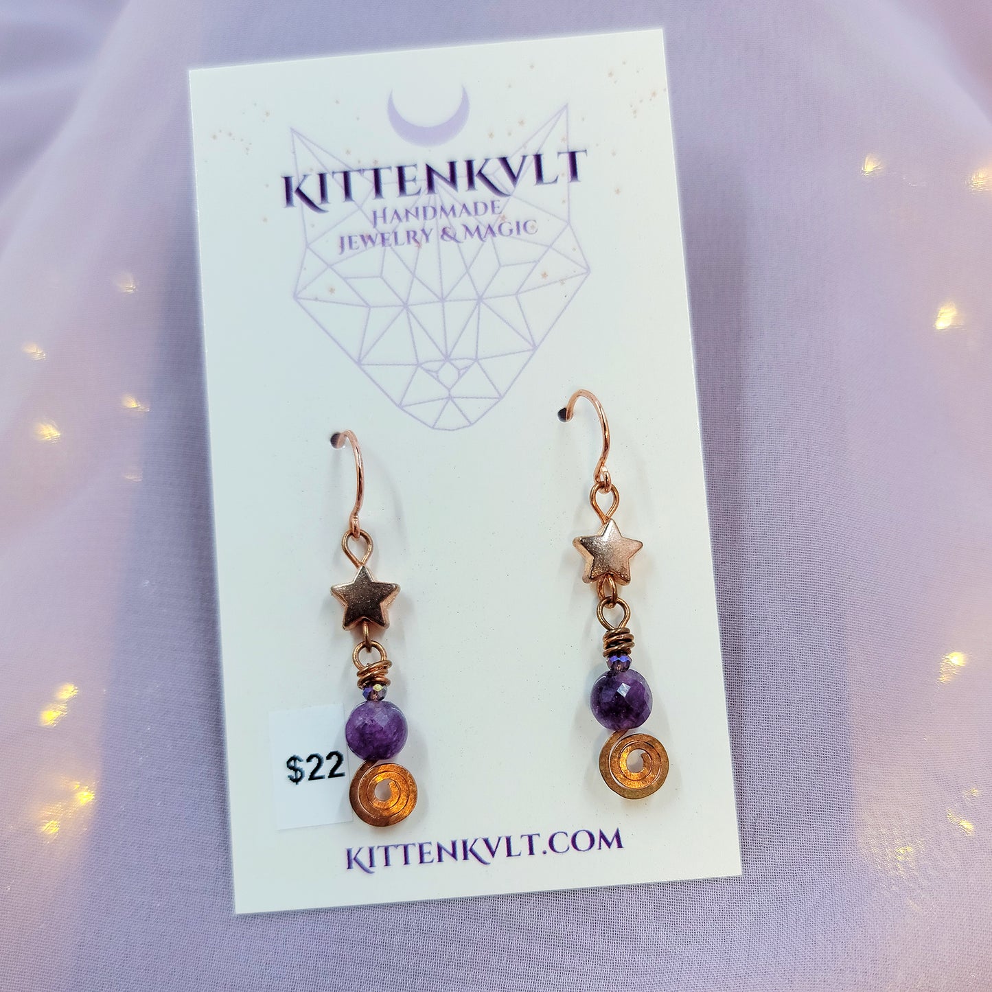 Celestial Witchy Amethyst Earrings, Copper Crystal Dainty Ethereal Fairy Amethyst Earrings